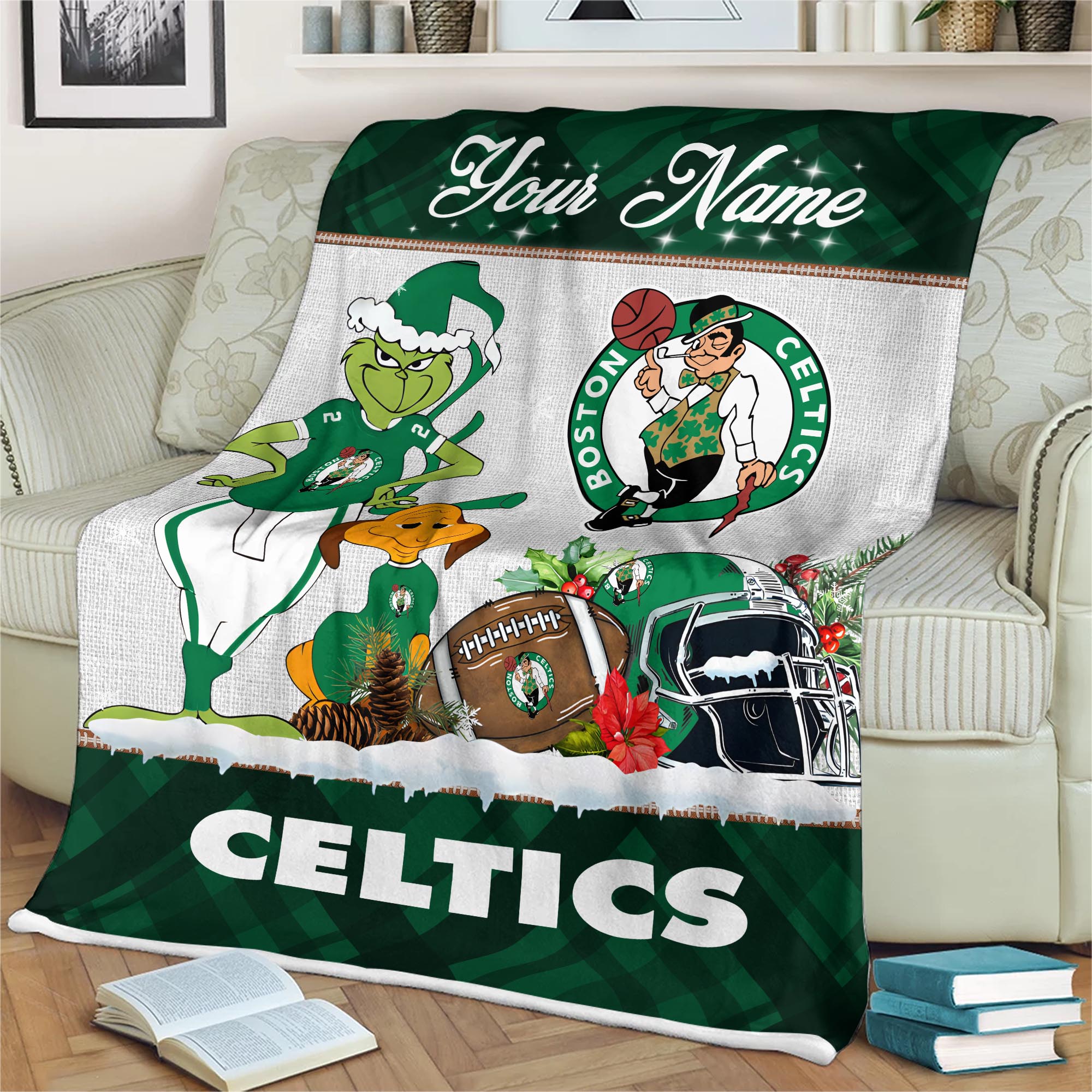 Sportswearmerch Boston Celtics NBA x Grinch Christmas Fleece Blanket For Fan