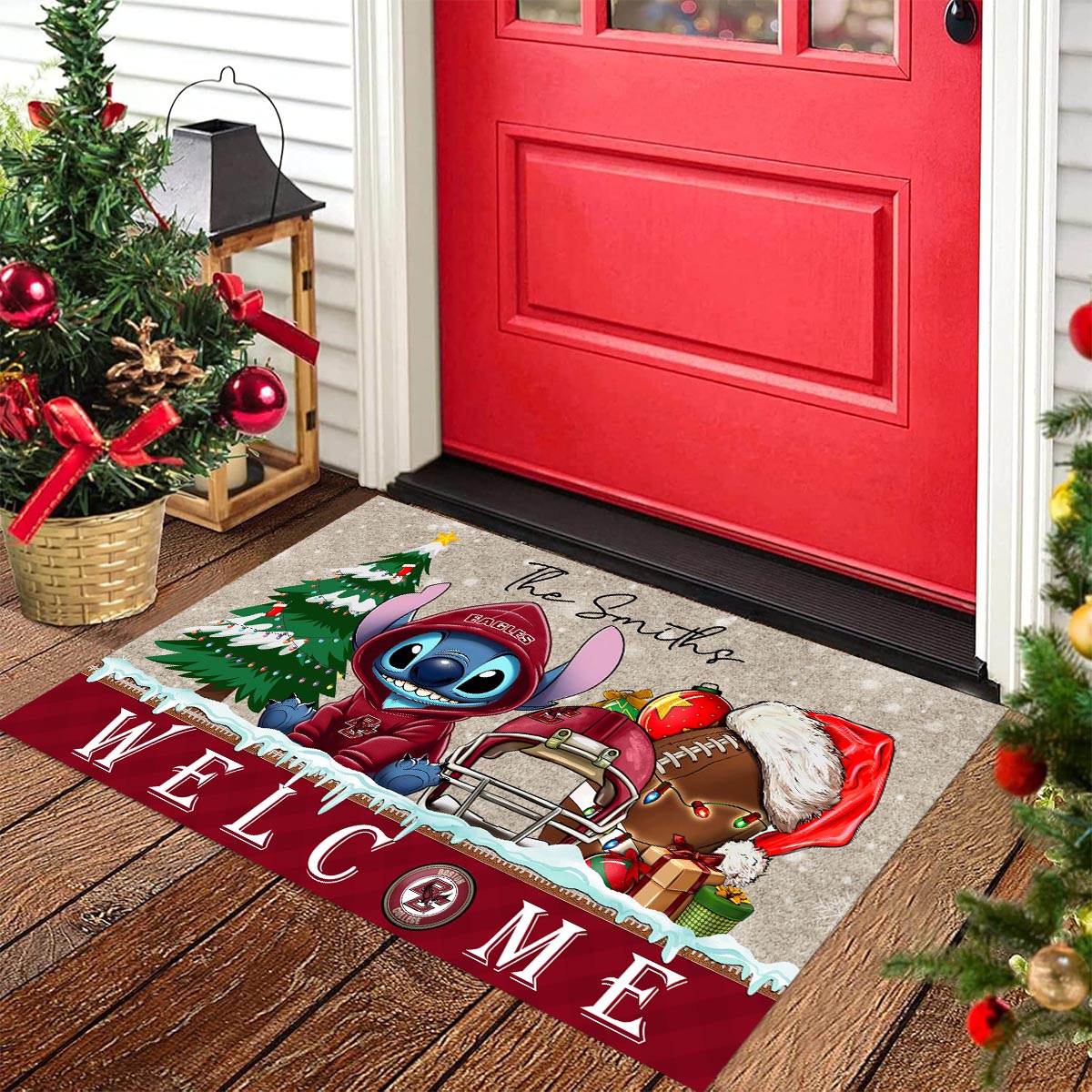Sportswearmerch Boston College Eagles NCAA x Cute Stitch Christmas Doormat For Fan