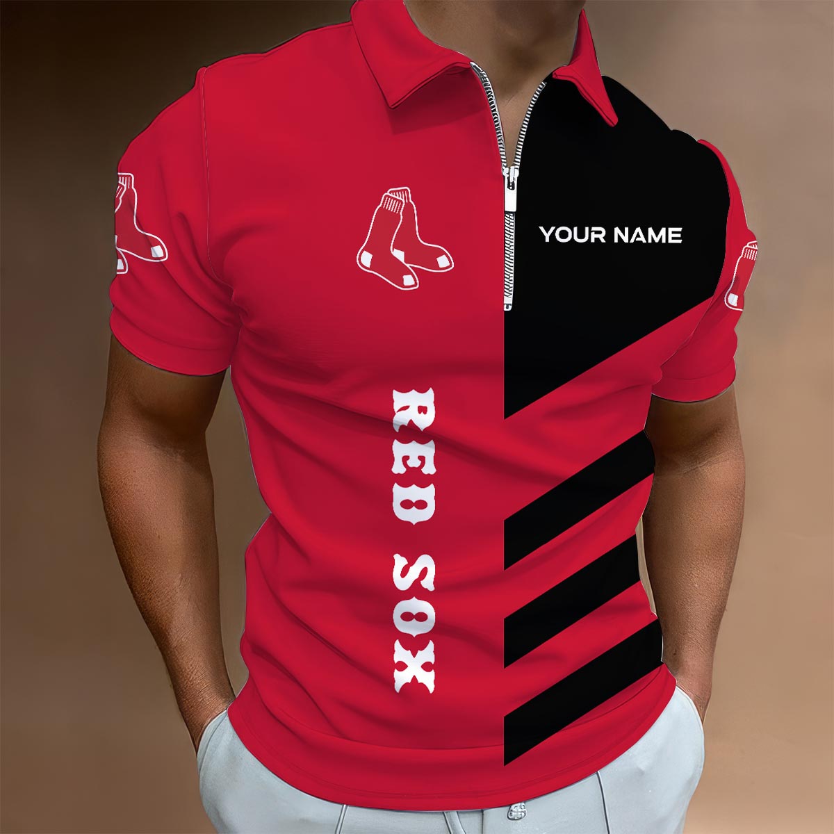 Sportswearmerch Boston Red Sox MLB Lapel Zip Polo Shirt For Fan