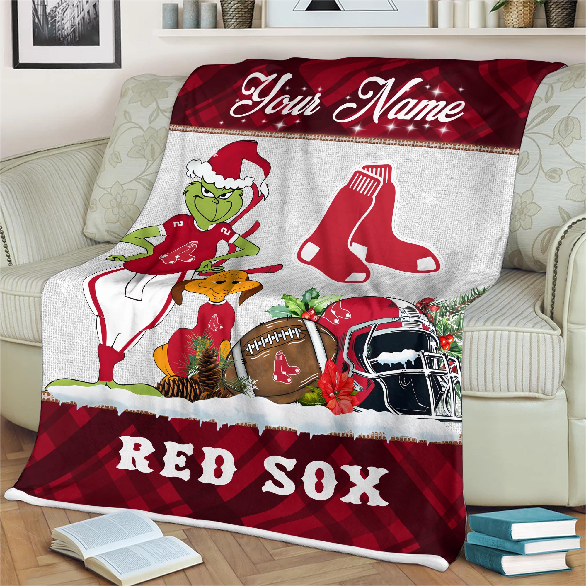 Sportswearmerch Boston Red Sox MLB x Grinch Christmas Fleece Blanket For Fan