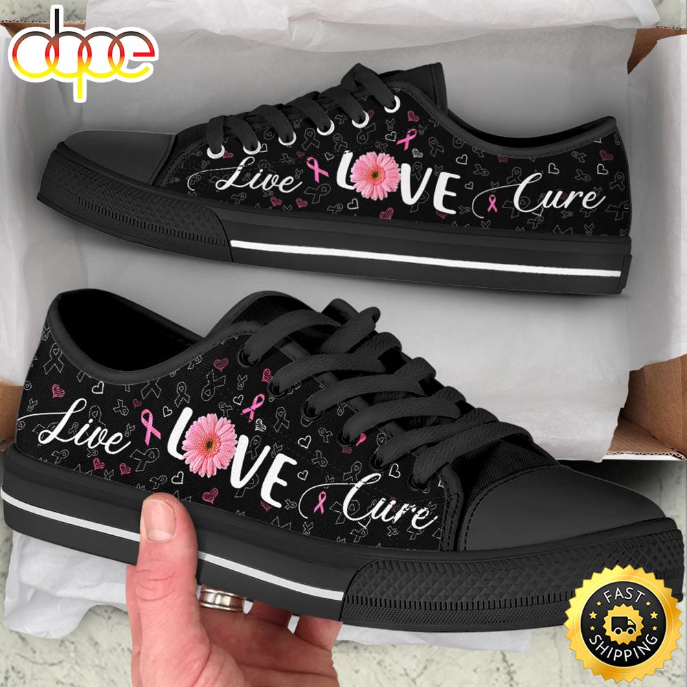 Sportswearmerch Breast Cancer Shoes Live Love Cure Ribbon Heart Low Top Canvas Sneakers Shoes For Men And Women