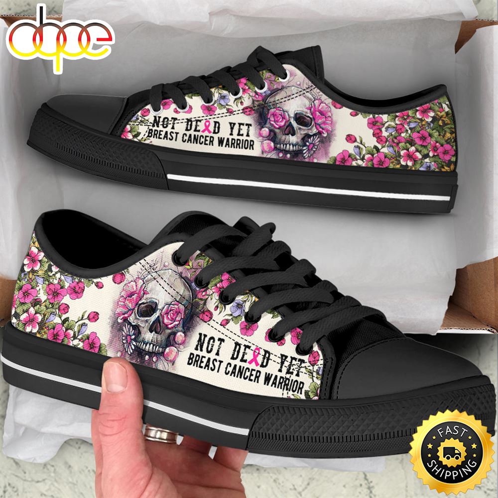 Sportswearmerch Breast Cancer Shoes Rose Flowers Skull Low Top Canvas Sneakers Shoes For Men And Women