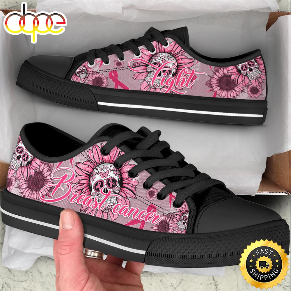 Sportswearmerch Breast Cancer Shoes Skull Flower Low Top Canvas Sneakers Shoes For Men And Women