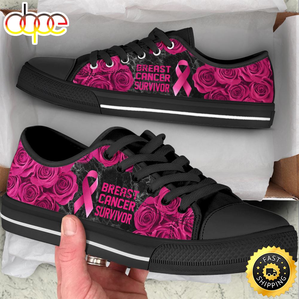 Sportswearmerch Breast Cancer Shoes Survivor Rose Flower Low Top Canvas Sneakers Shoes For Men And Women