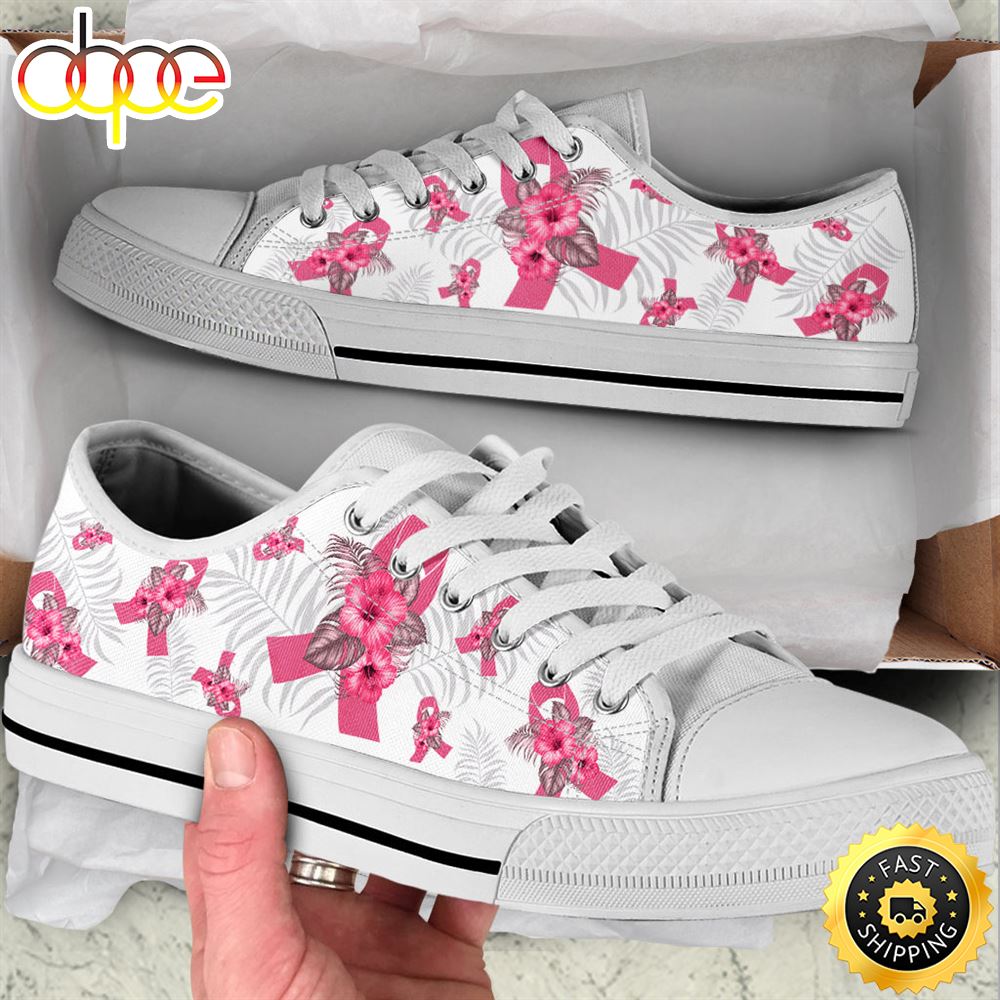 Sportswearmerch Breast Cancer Shoes With Hibiscus Flower Low Top Canvas Sneakers Shoes For Men And Women