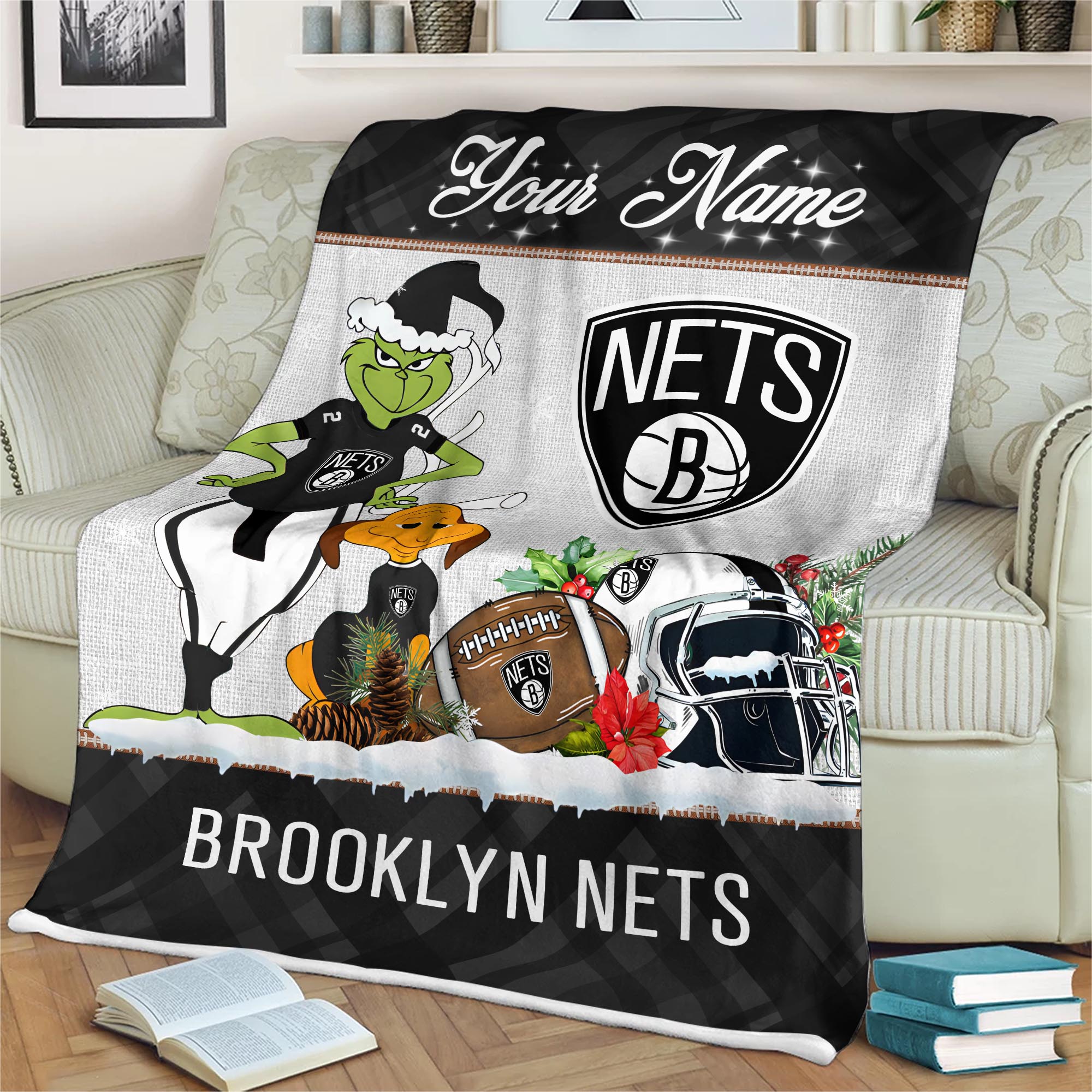 Sportswearmerch Brooklyn Nets NBA x Grinch Christmas Fleece Blanket For Fan