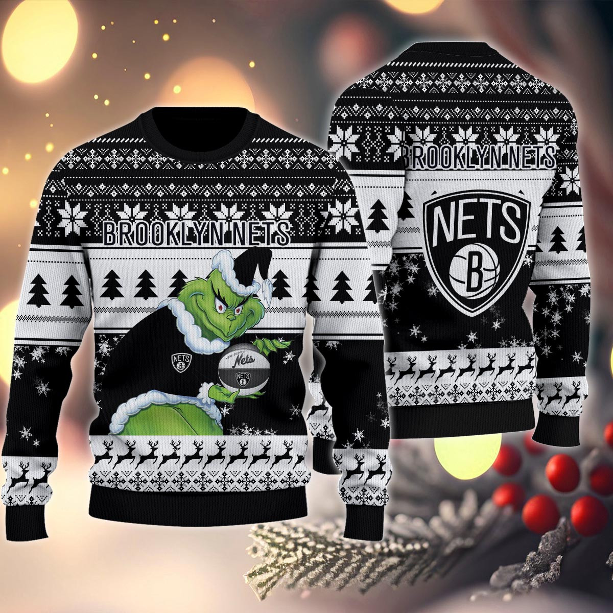 Sportswearmerch Brooklyn Nets NBA x Grinch Christmas Ugly Sweater For Fans