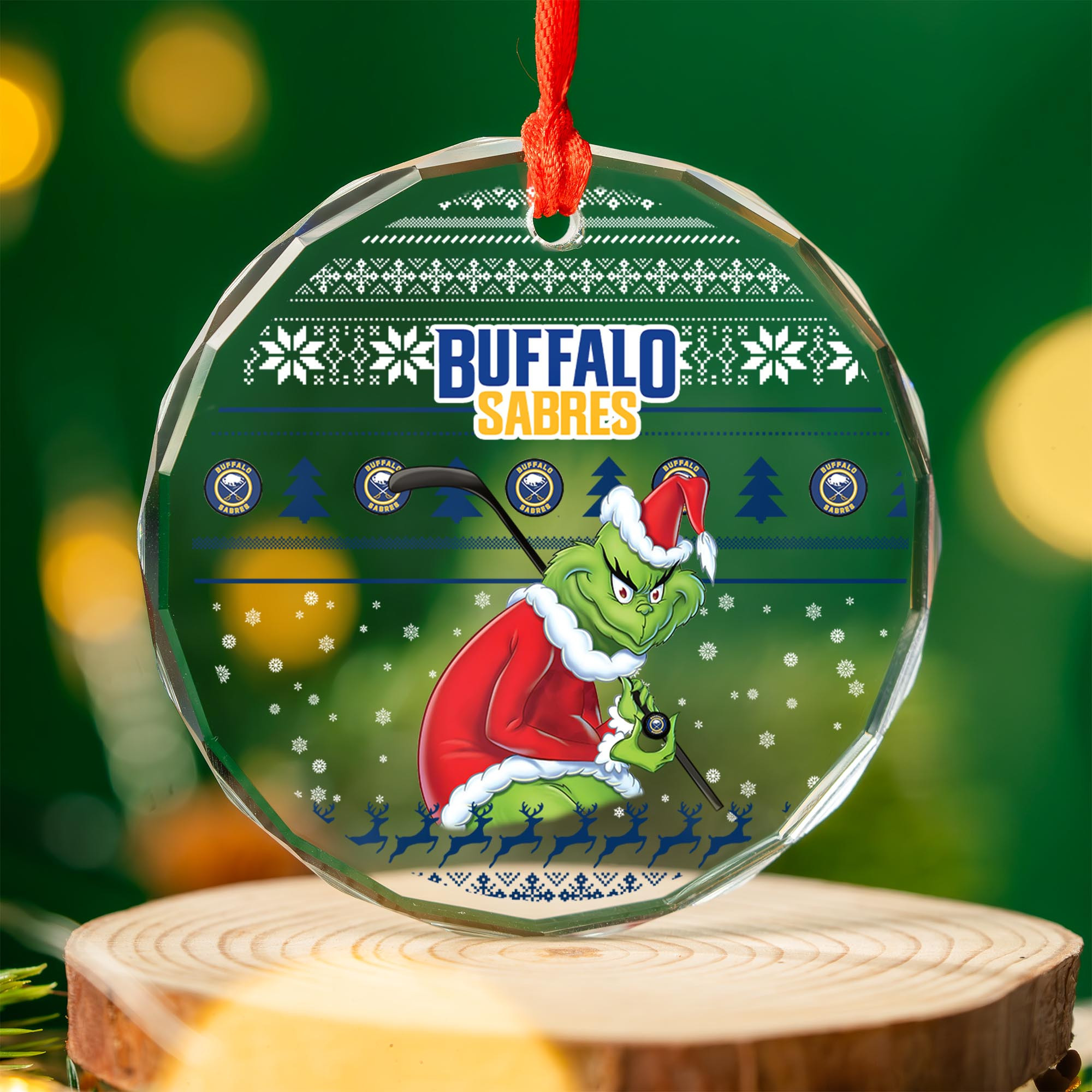 Sportswearmerch Buffalo Sabres NHL x Grinch Christmas Glass Ornament For Fans