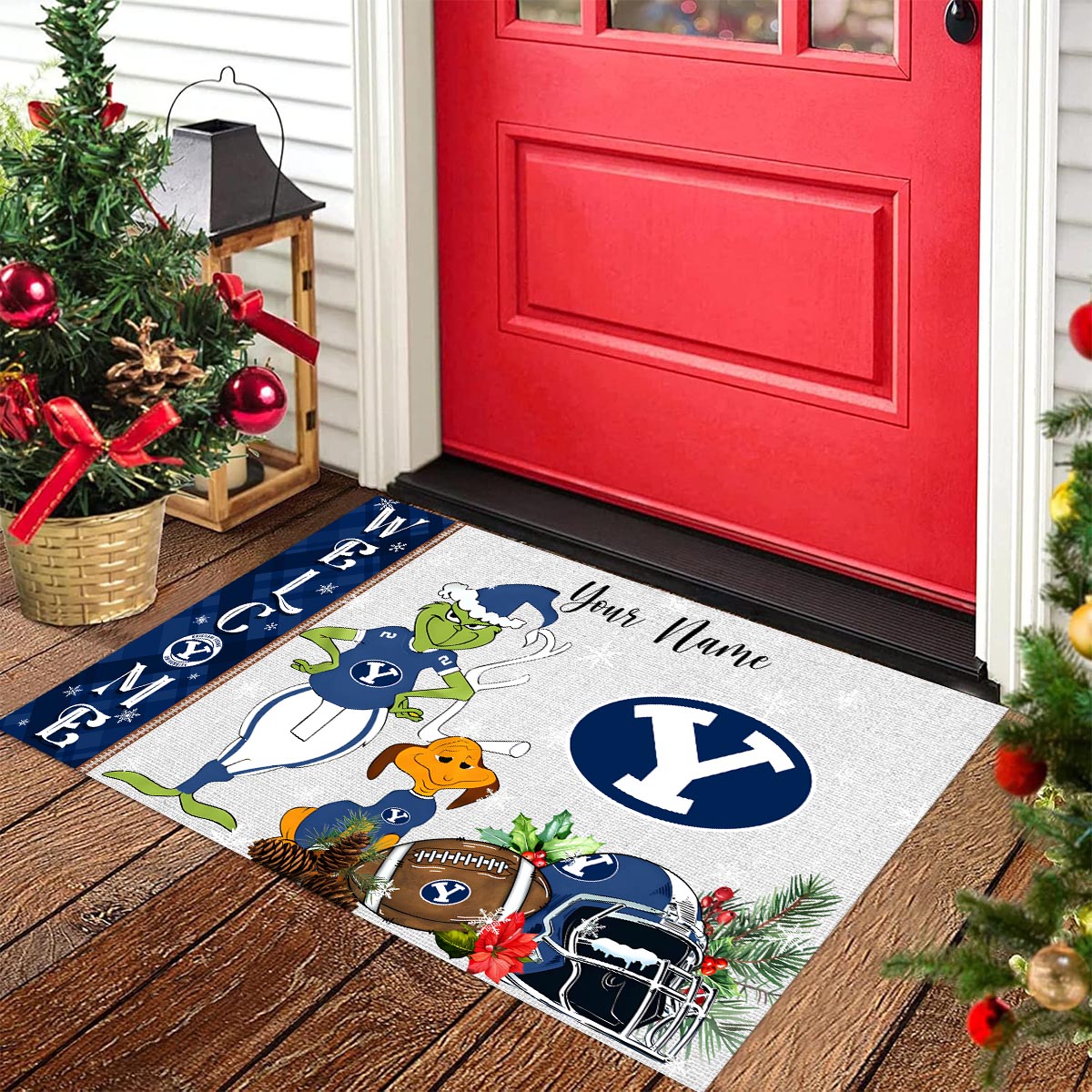 Sportswearmerch BYU Cougars NCAA x Grinch Christmas Welcome Football Doormat For Fan