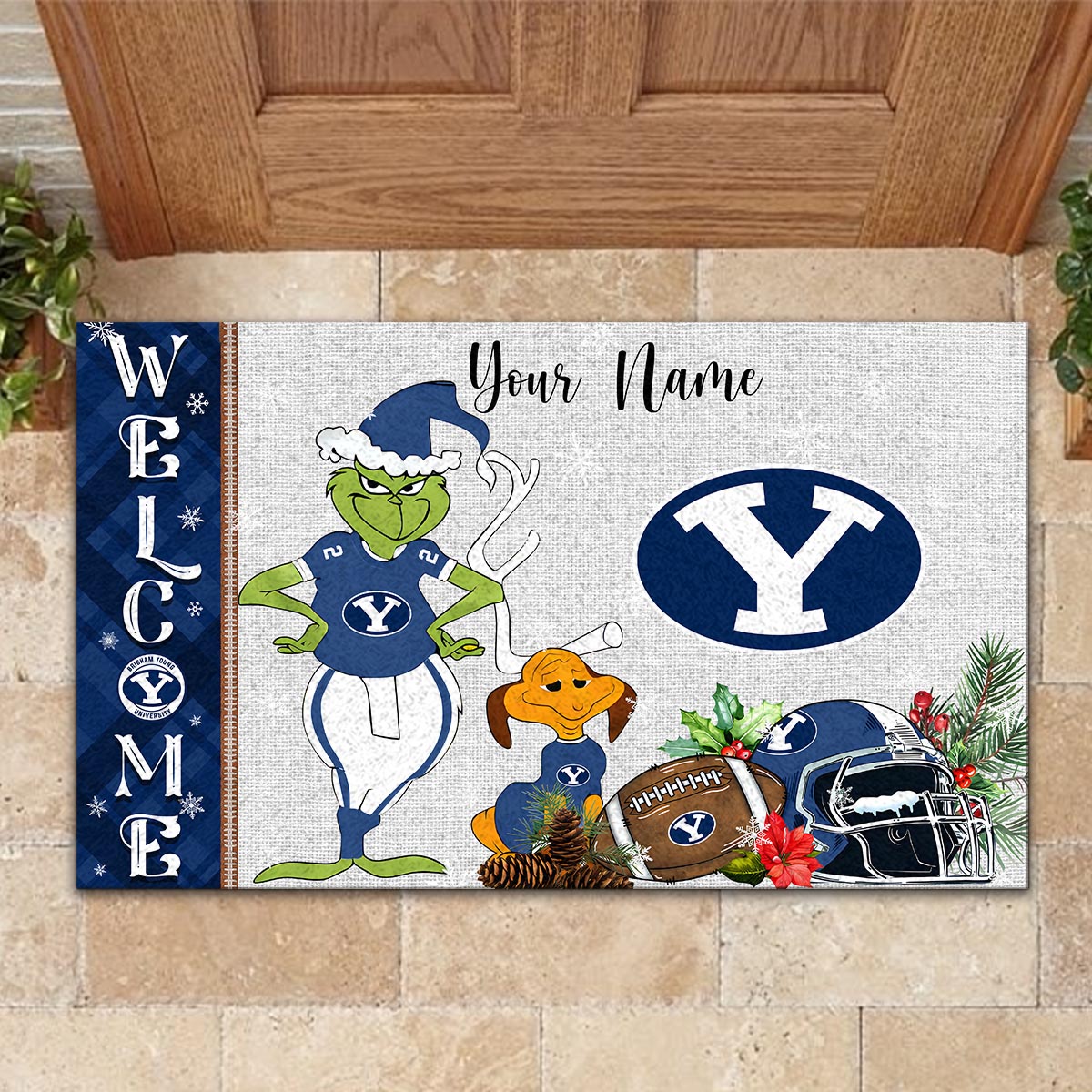 Sportswearmerch BYU Cougars NCAA x Grinch Christmas Welcome Football Doormat For Fan