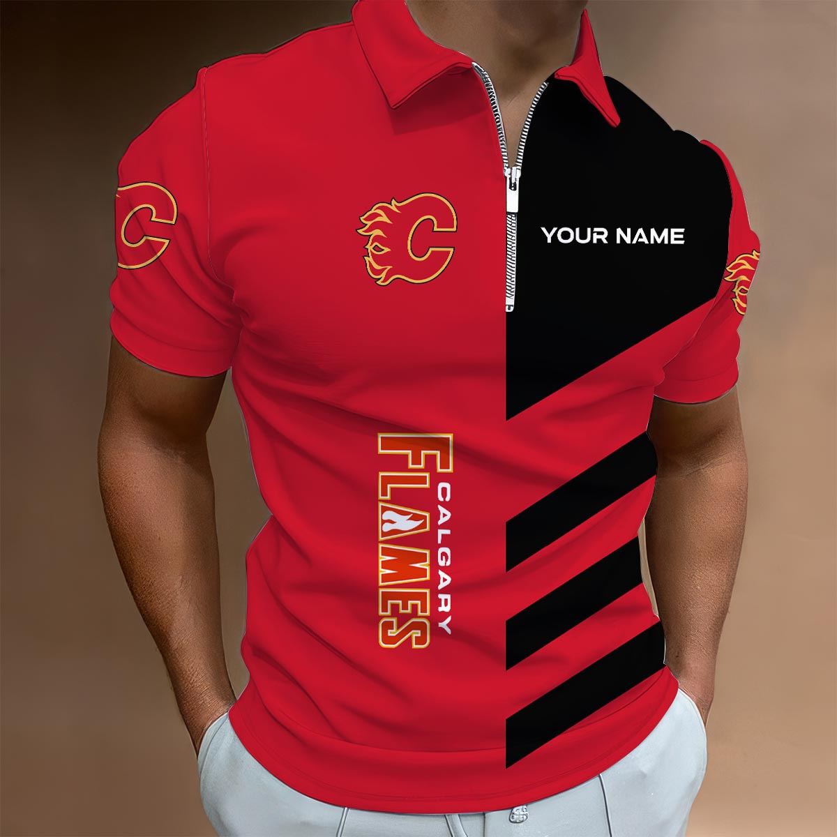 Sportswearmerch Calgary Flames NHL Lapel Zip Polo Shirt For Fan