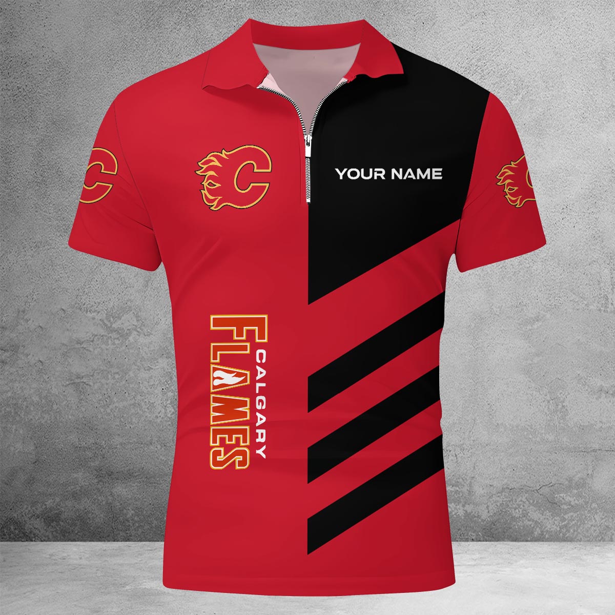 Sportswearmerch Calgary Flames NHL Lapel Zip Polo Shirt For Fan