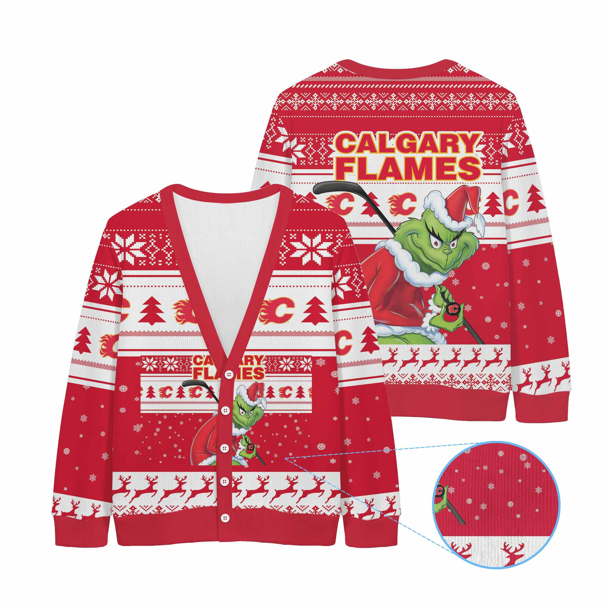 Sportswearmerch Calgary Flames NHL x Grinch Christmas Cardigan For Fan