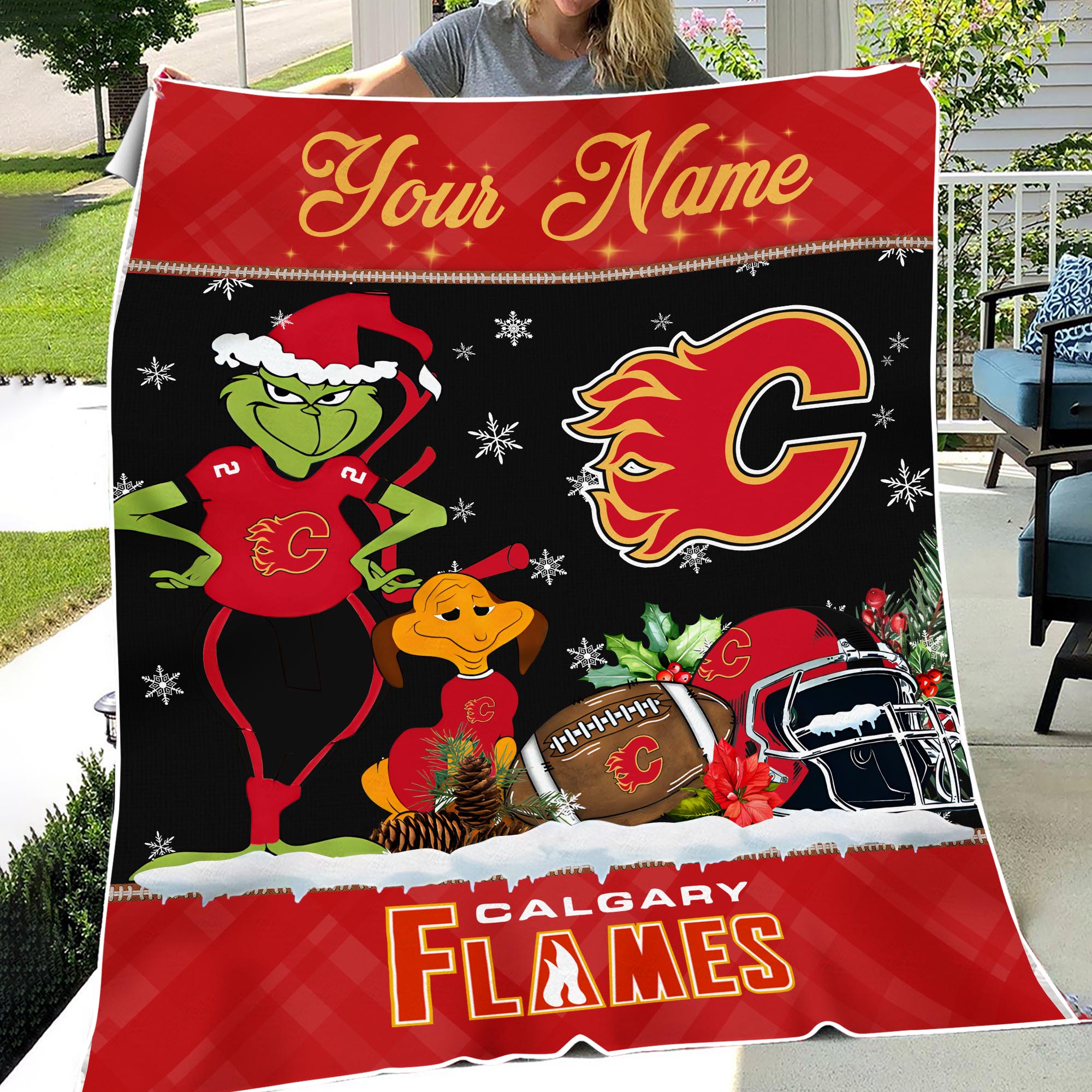 Sportswearmerch Calgary Flames NHL x Grinch Christmas Fleece Blanket For Fan