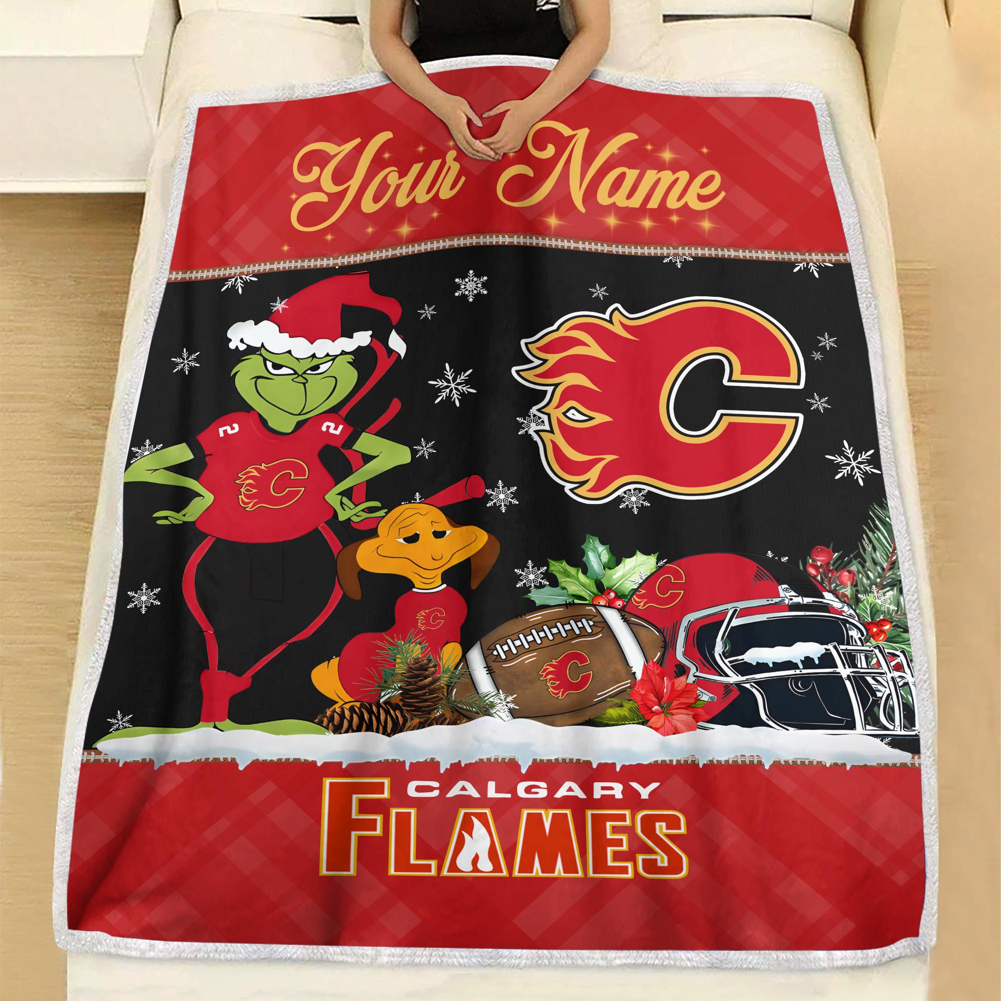 Sportswearmerch Calgary Flames NHL x Grinch Christmas Fleece Blanket For Fan