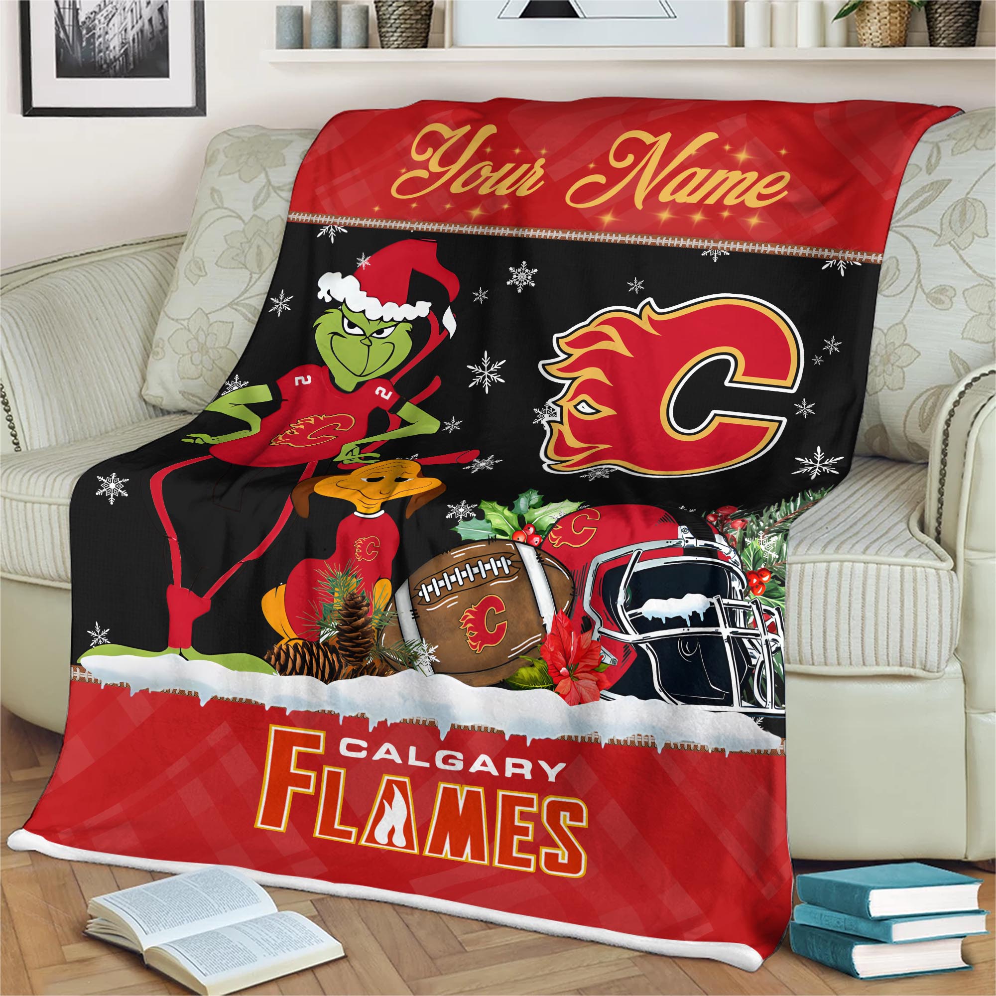 Sportswearmerch Calgary Flames NHL x Grinch Christmas Fleece Blanket For Fan