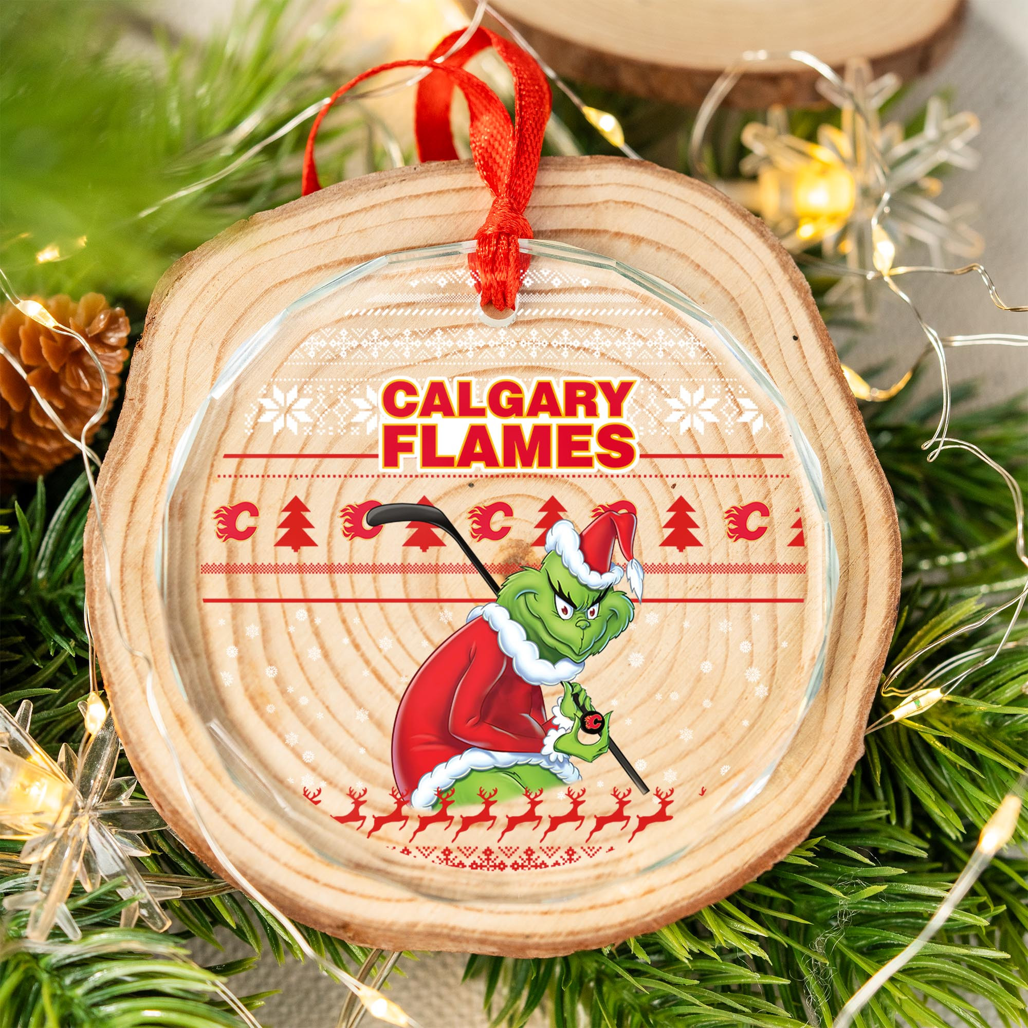 Sportswearmerch Calgary Flames NHL x Grinch Christmas Glass Ornament For Fans