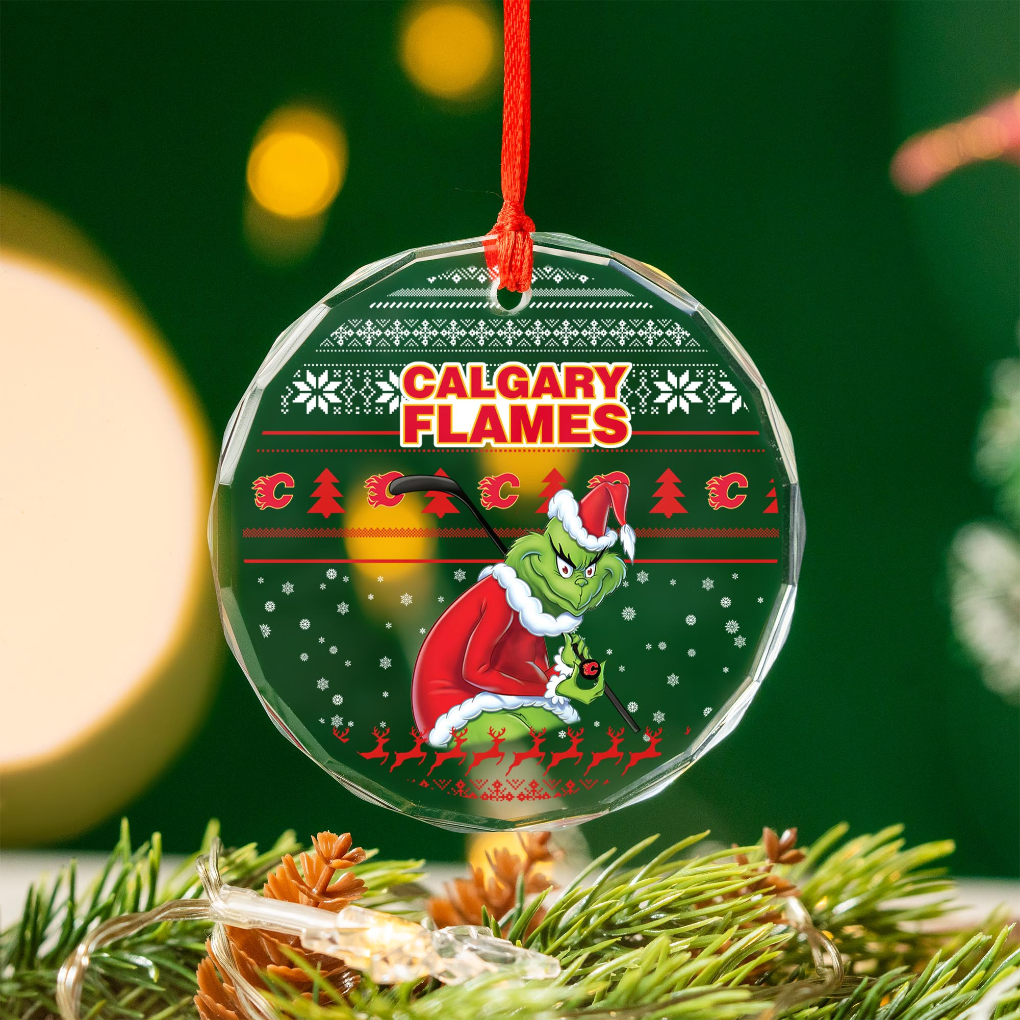 Sportswearmerch Calgary Flames NHL x Grinch Christmas Glass Ornament For Fans
