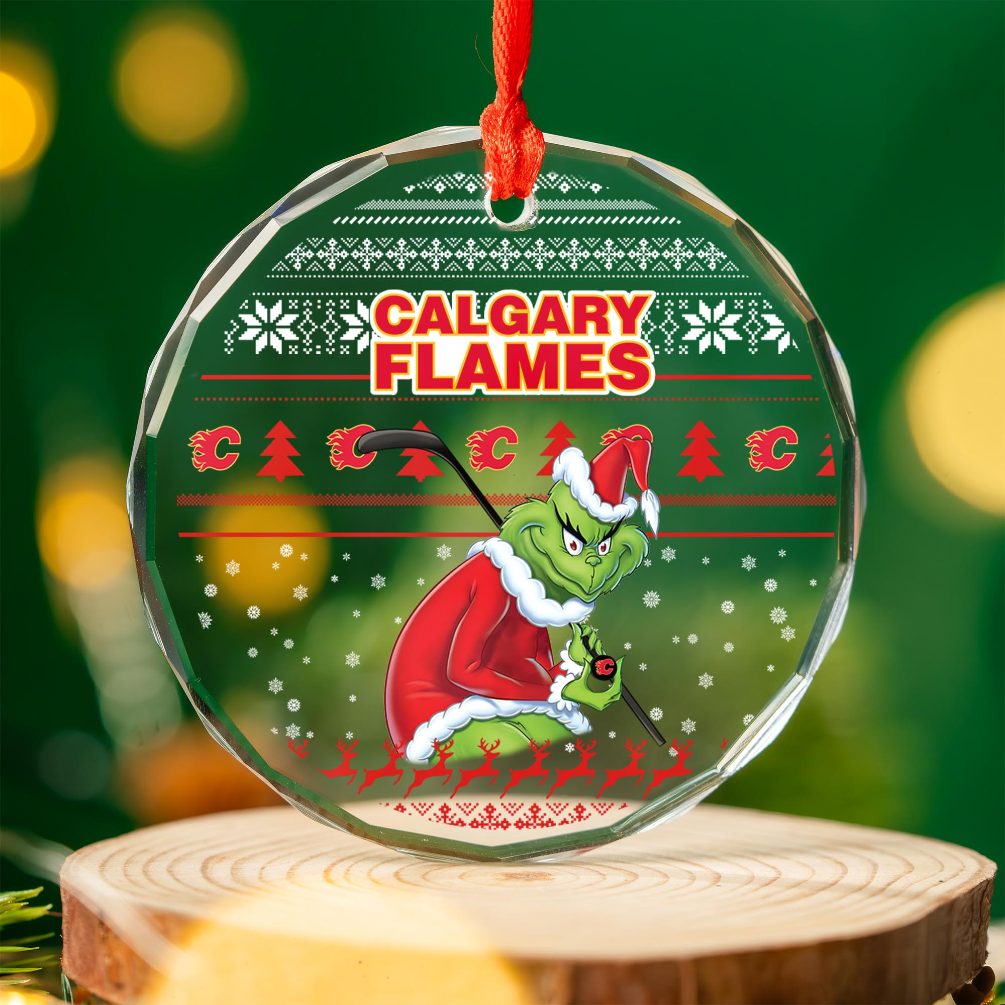 Sportswearmerch Calgary Flames NHL x Grinch Christmas Glass Ornament For Fans