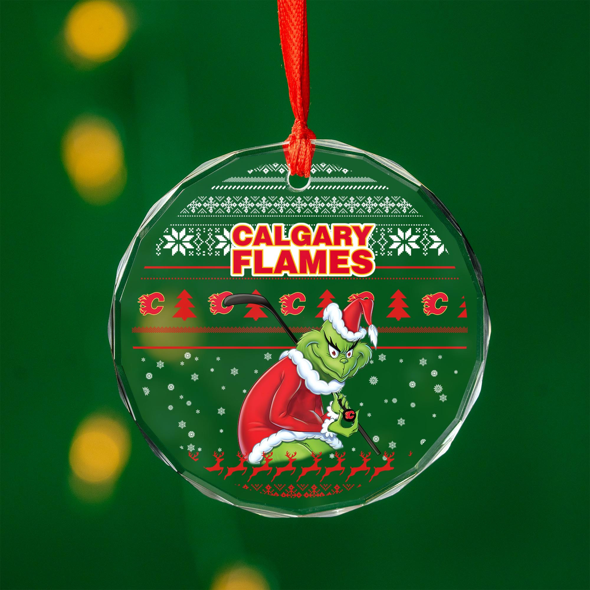 Sportswearmerch Calgary Flames NHL x Grinch Christmas Glass Ornament For Fans