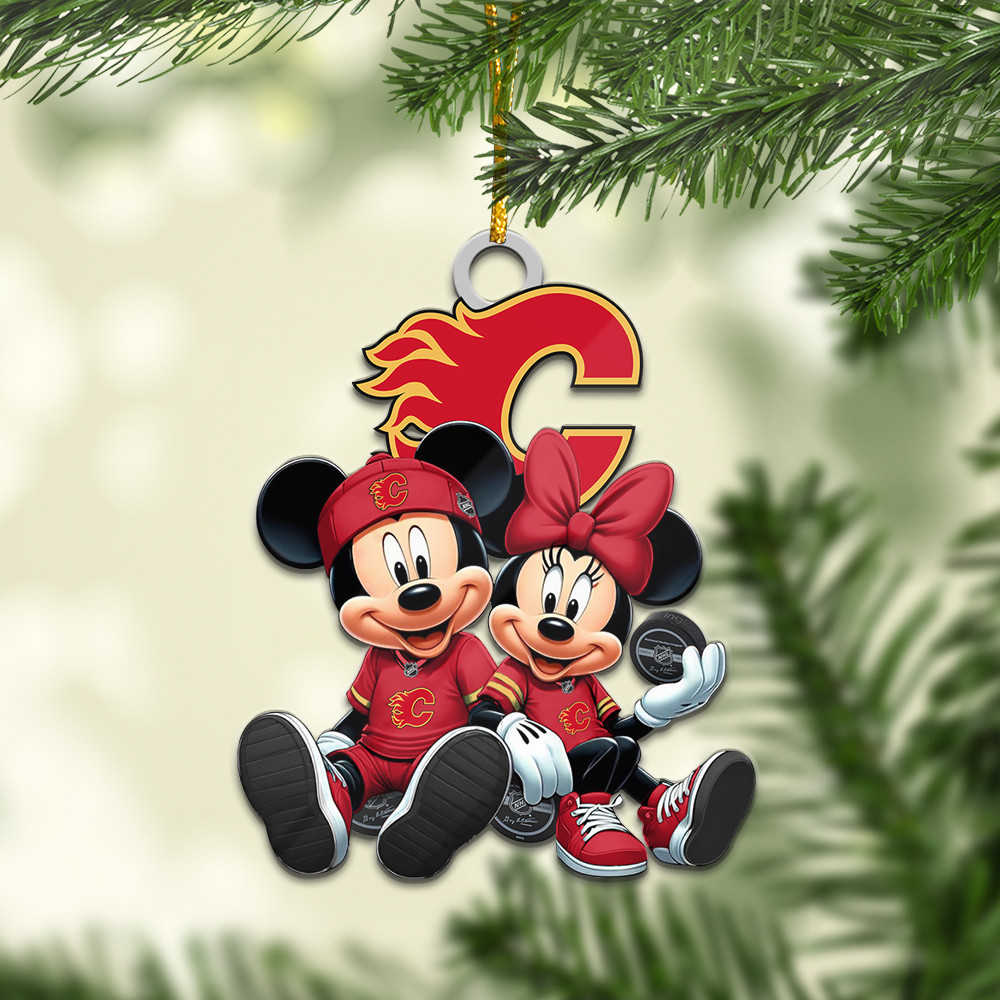 Sportswearmerch Calgary Flames NHL x Mickey and Minnie Mouse Personalized Acrylic Ornament For Fans
