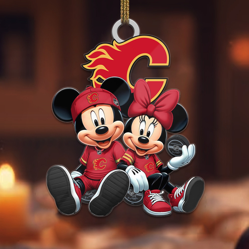 Sportswearmerch Calgary Flames NHL x Mickey and Minnie Mouse Personalized Acrylic Ornament For Fans