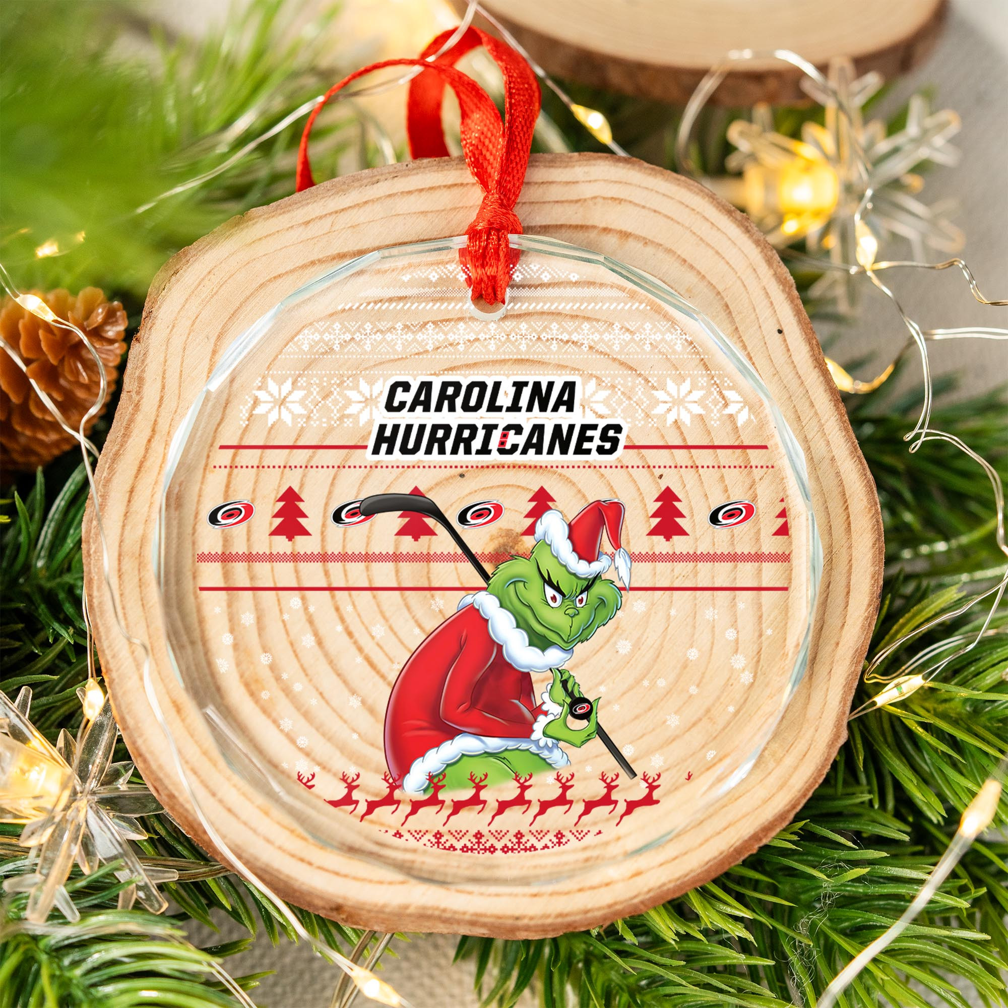 Sportswearmerch Carolina Hurricanes NHL x Grinch Christmas Glass Ornament For Fans