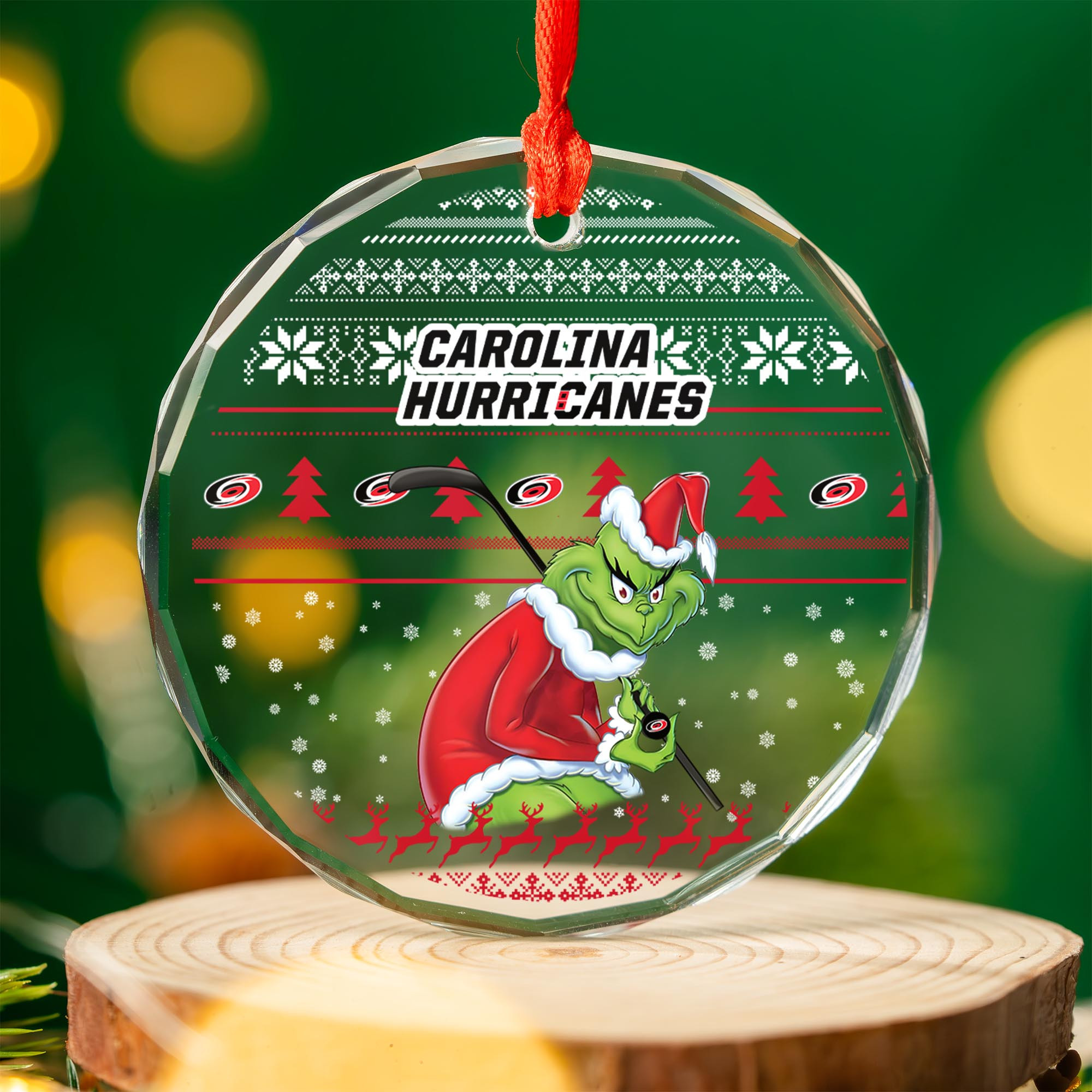 Sportswearmerch Carolina Hurricanes NHL x Grinch Christmas Glass Ornament For Fans
