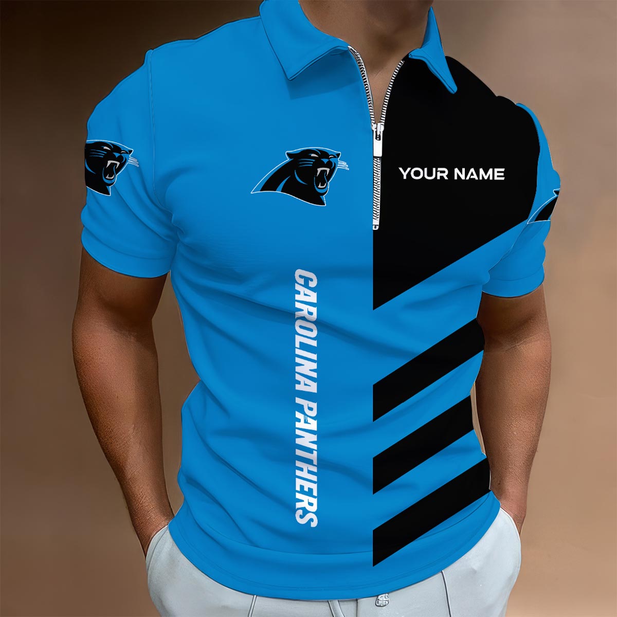 Sportswearmerch Carolina Panthers NFL Lapel Zip Polo Shirt For Fan