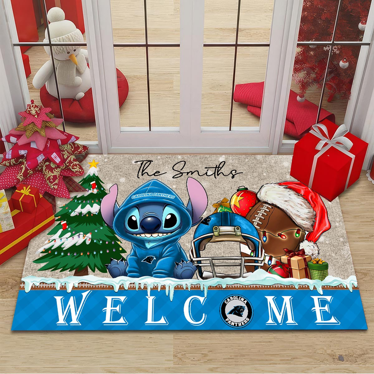 Sportswearmerch Carolina Panthers NFL x Cute Stitch Christmas Doormat For Fan