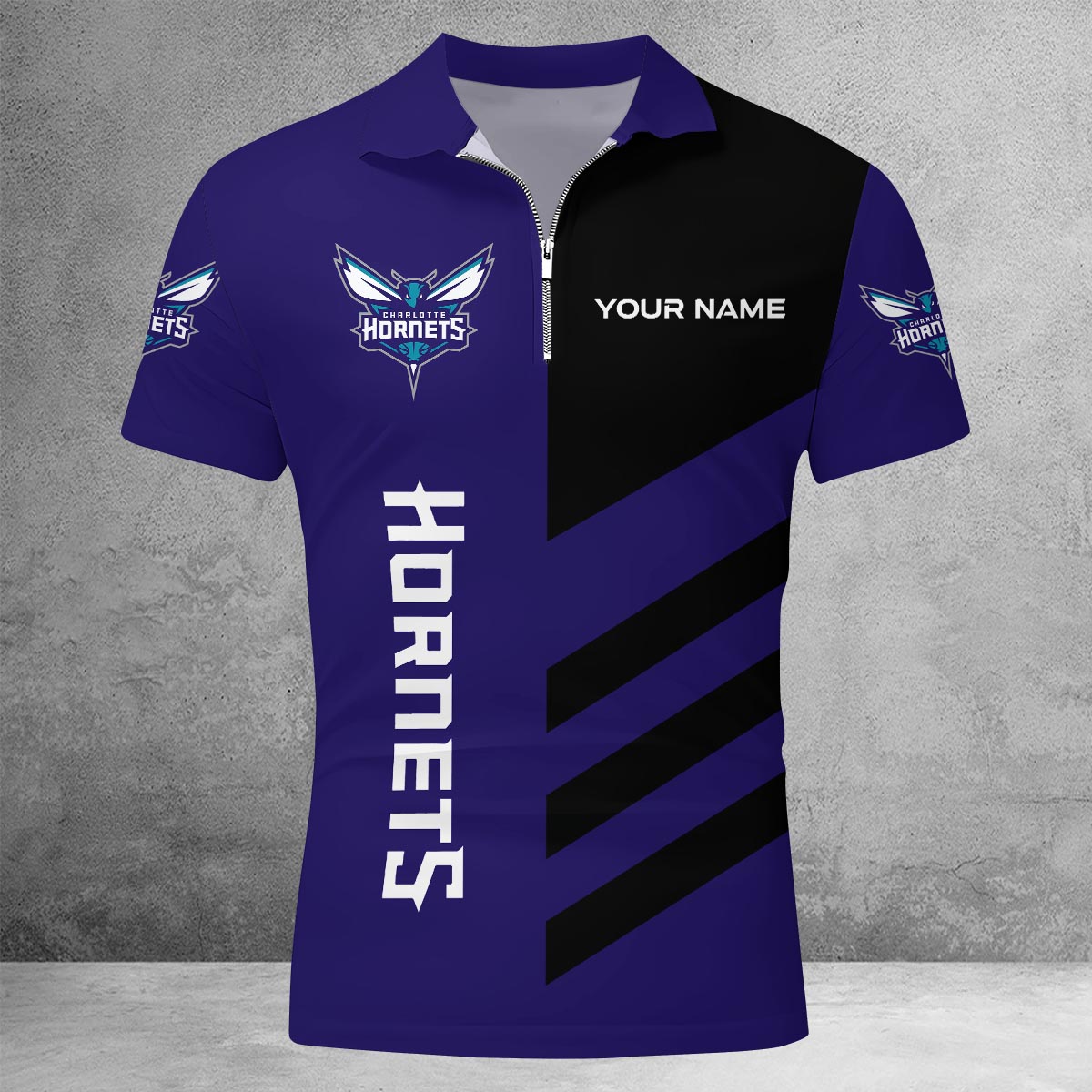 Sportswearmerch Charlotte Hornets NBA Lapel Zip Polo Shirt For Fan