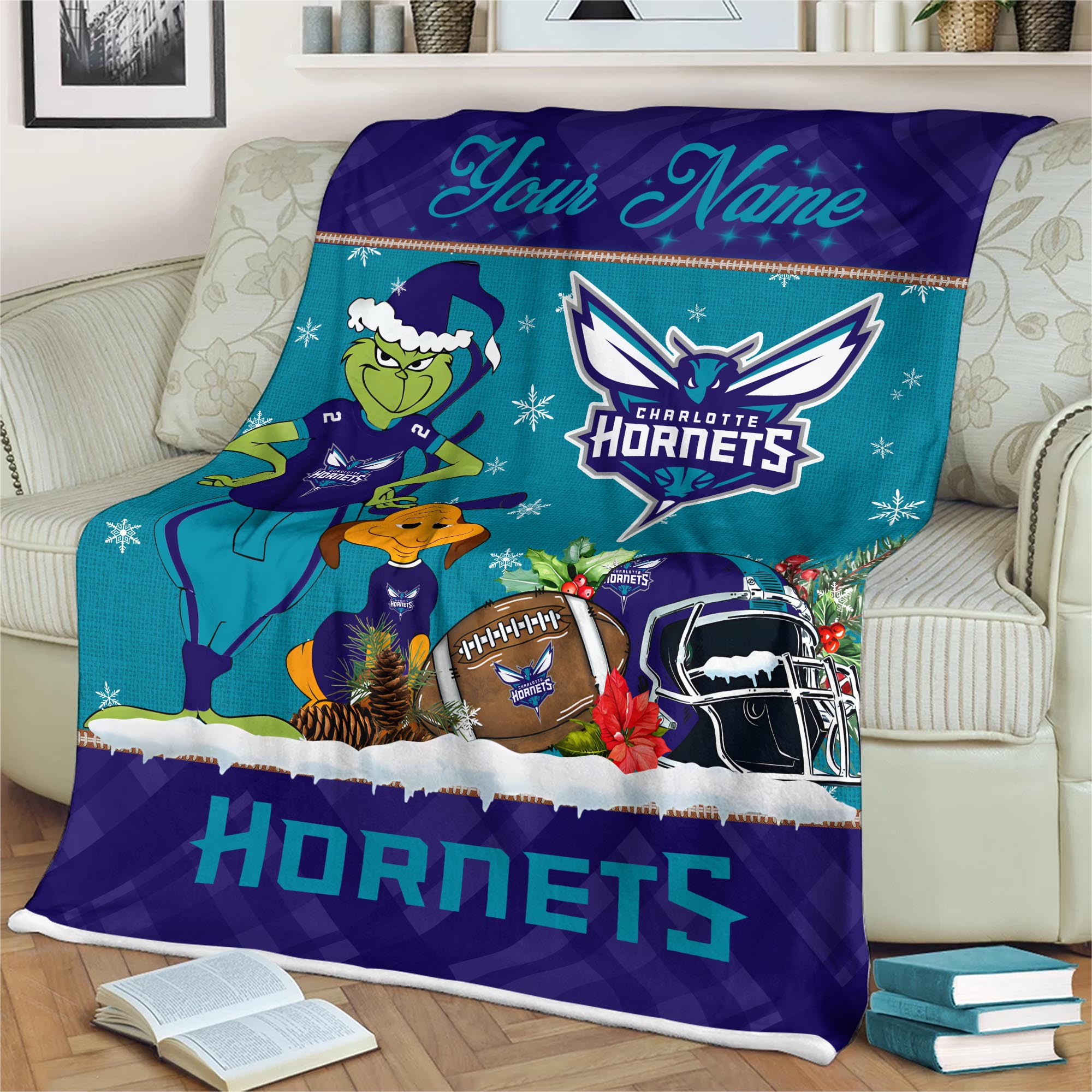 Sportswearmerch Charlotte Hornets NBA x Grinch Christmas Fleece Blanket For Fan