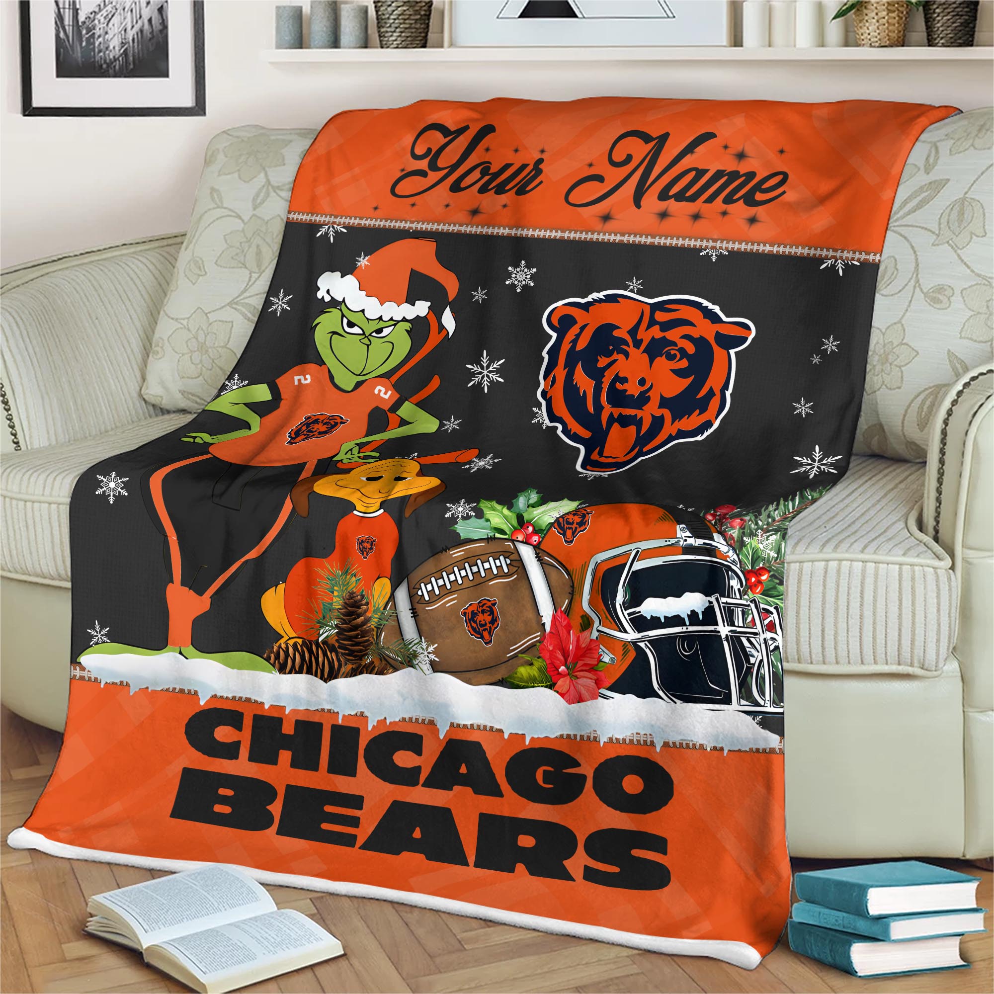 Sportswearmerch Chicago Bears NFL x Grinch Christmas Fleece Blanket For Fan