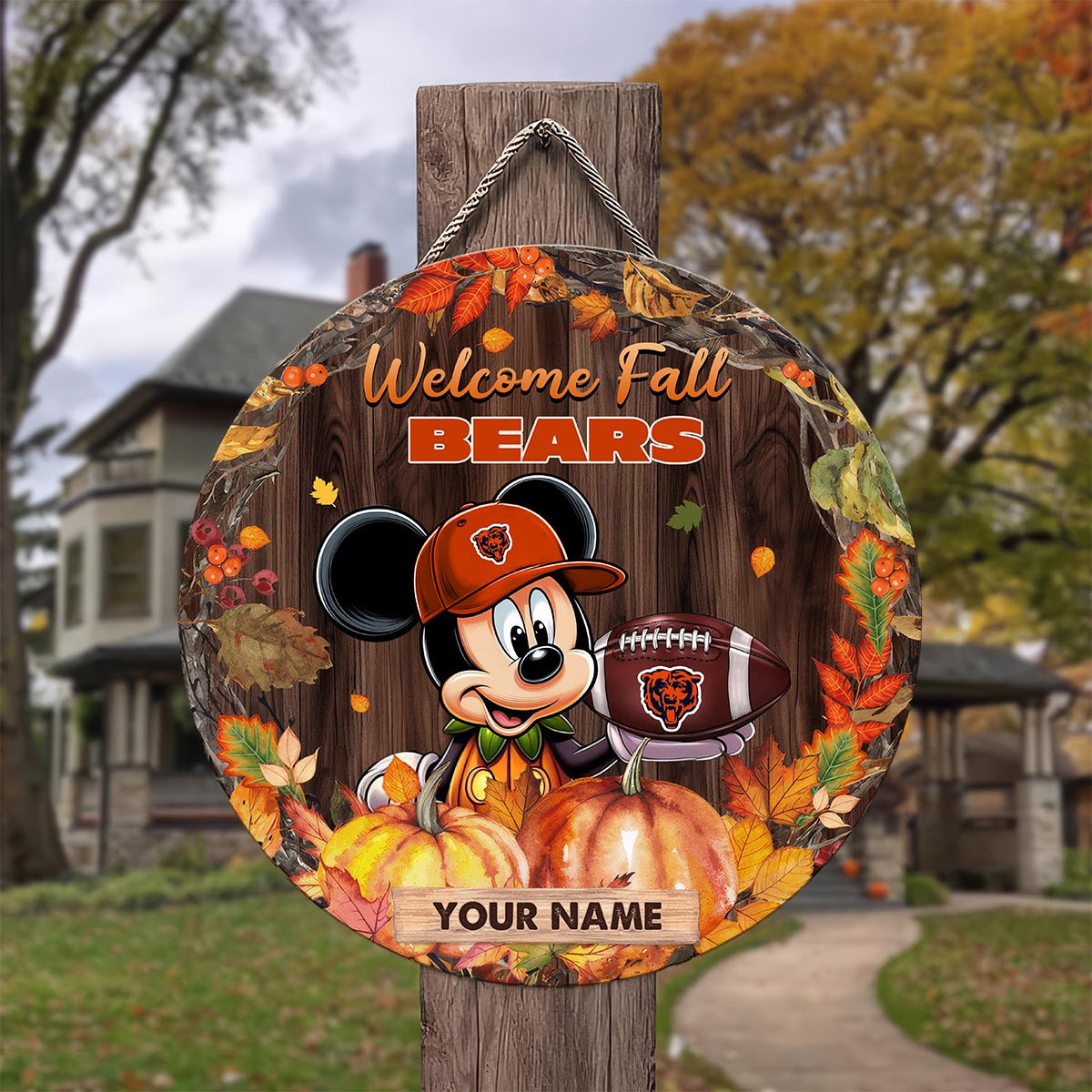 Sportswearmerch Chicago Bears NFL x Mickey Round Wooden Sign For Fan