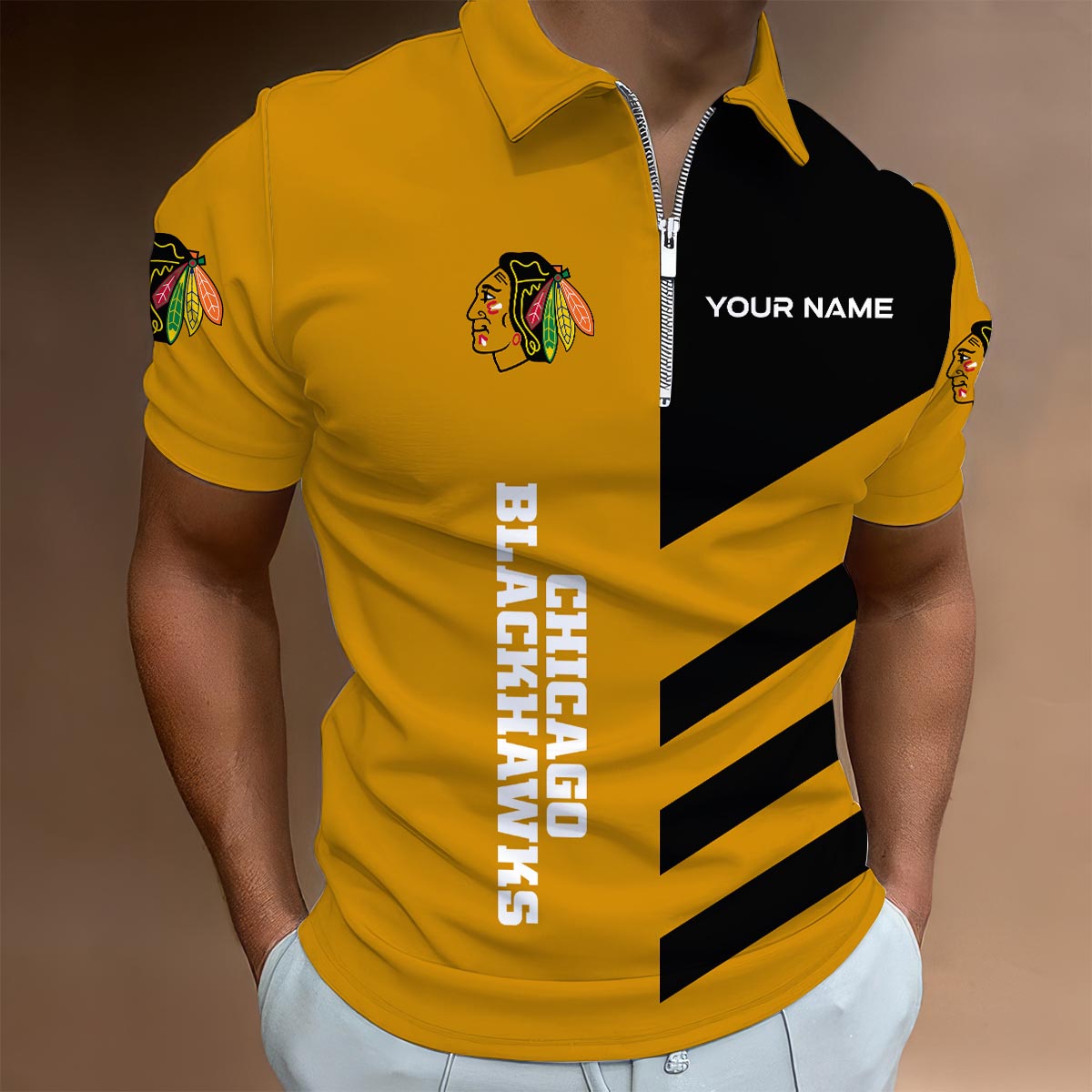 Sportswearmerch Chicago Blackhawks NHL Lapel Zip Polo Shirt For Fan