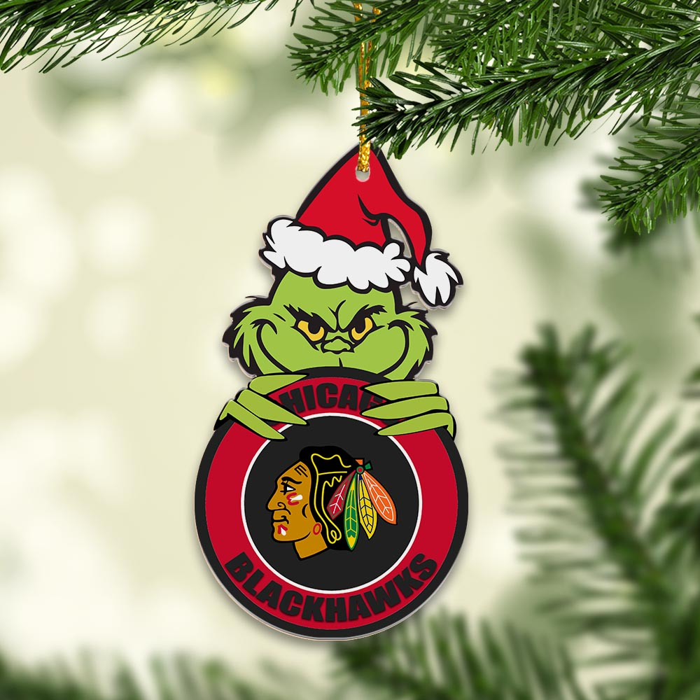 Sportswearmerch Chicago Blackhawks NHL x Grinch Christmas Acrylic Ornament For Fans