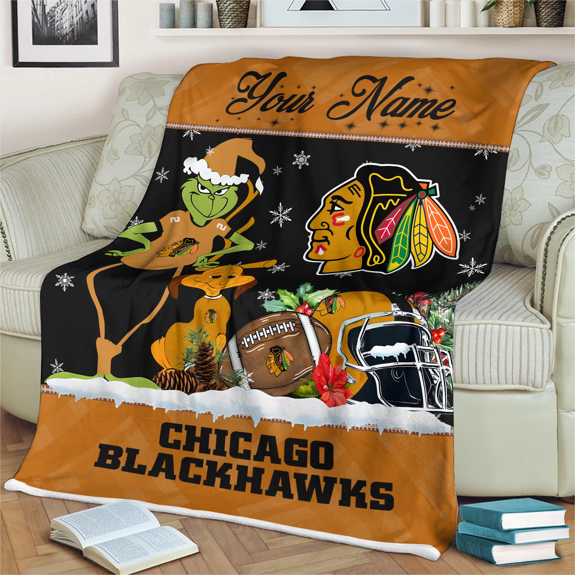 Sportswearmerch Chicago Blackhawks NHL x Grinch Christmas Fleece Blanket For Fan