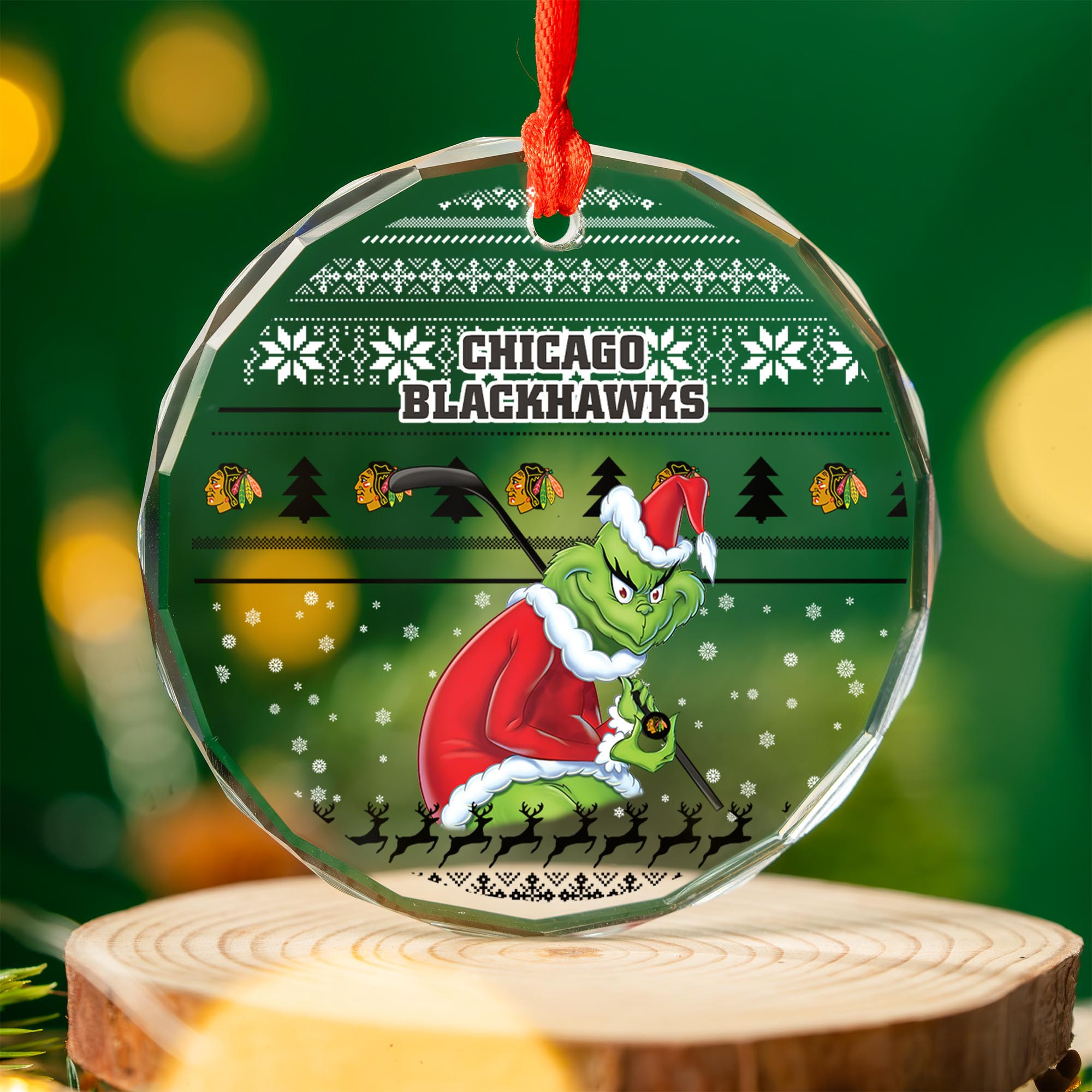 Sportswearmerch Chicago Blackhawks NHL x Grinch Christmas Glass Ornament For Fans