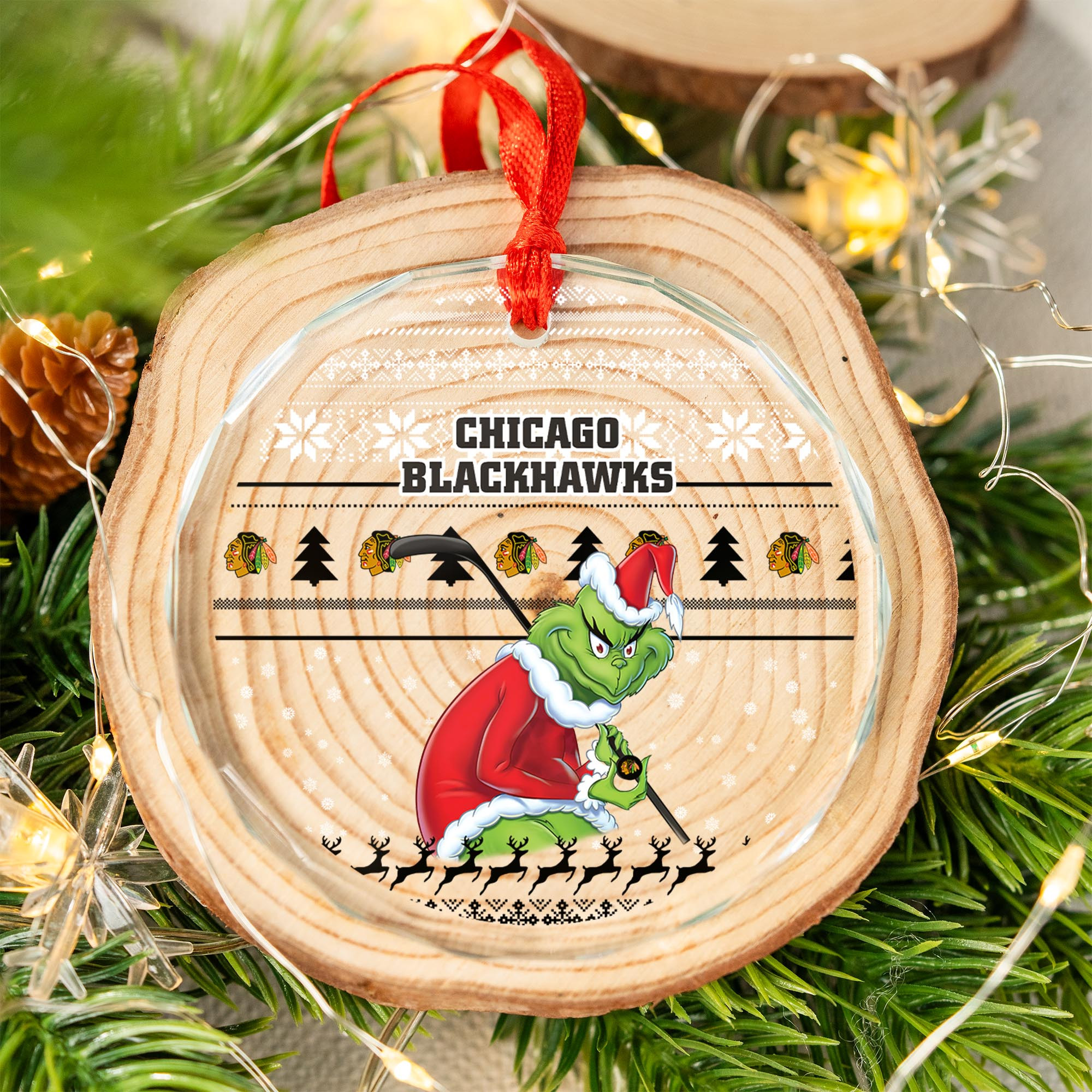 Sportswearmerch Chicago Blackhawks NHL x Grinch Christmas Glass Ornament For Fans
