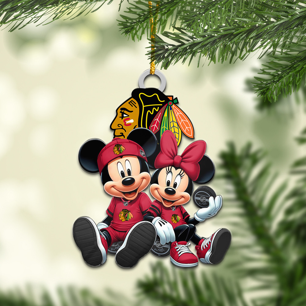 Sportswearmerch Chicago Blackhawks NHL x Mickey and Minnie Mouse Personalized Acrylic Ornament For Fans