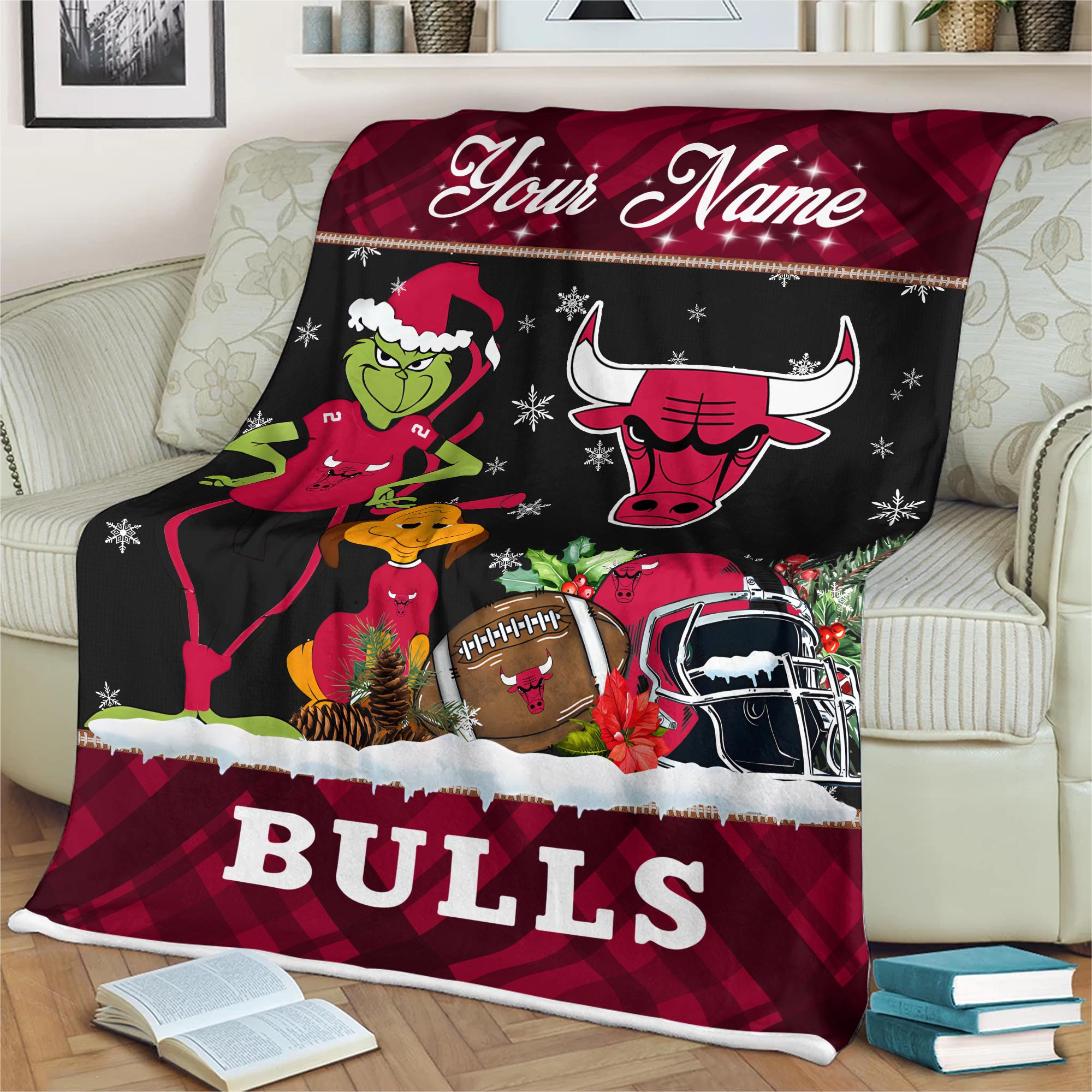 Sportswearmerch Chicago Bulls NBA x Grinch Christmas Fleece Blanket For Fan