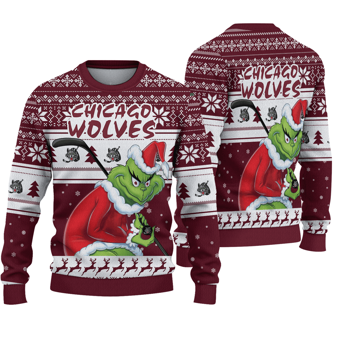 Sportswearmerch Chicago Wolves AHL x Grinch Christmas Ugly Sweater For Fans