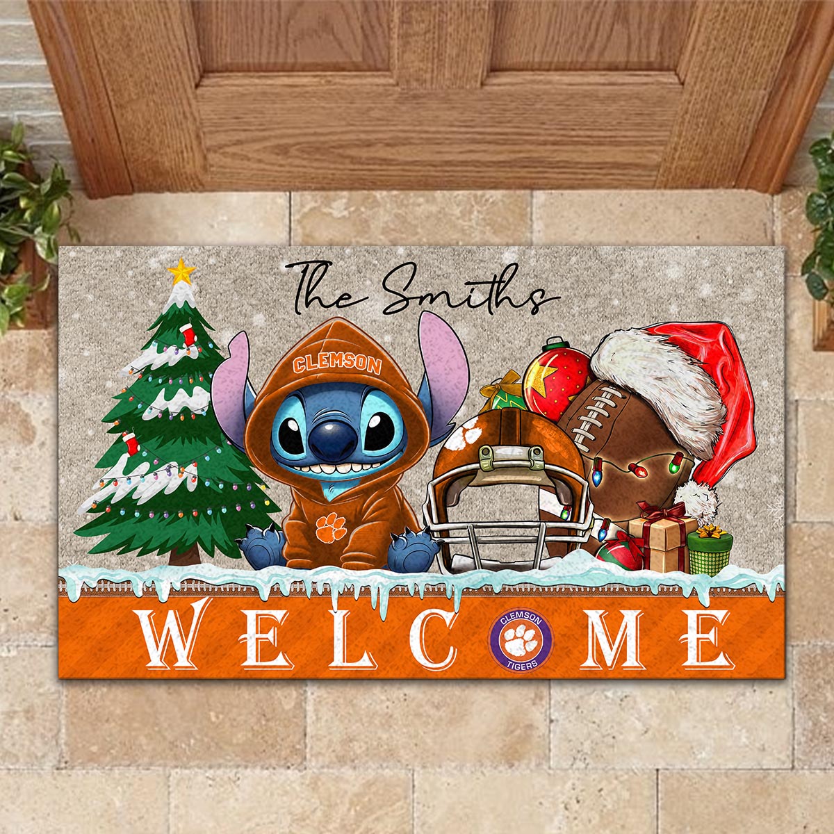 Sportswearmerch Clemson Tigers NCAA x Cute Stitch Christmas Doormat For Fan