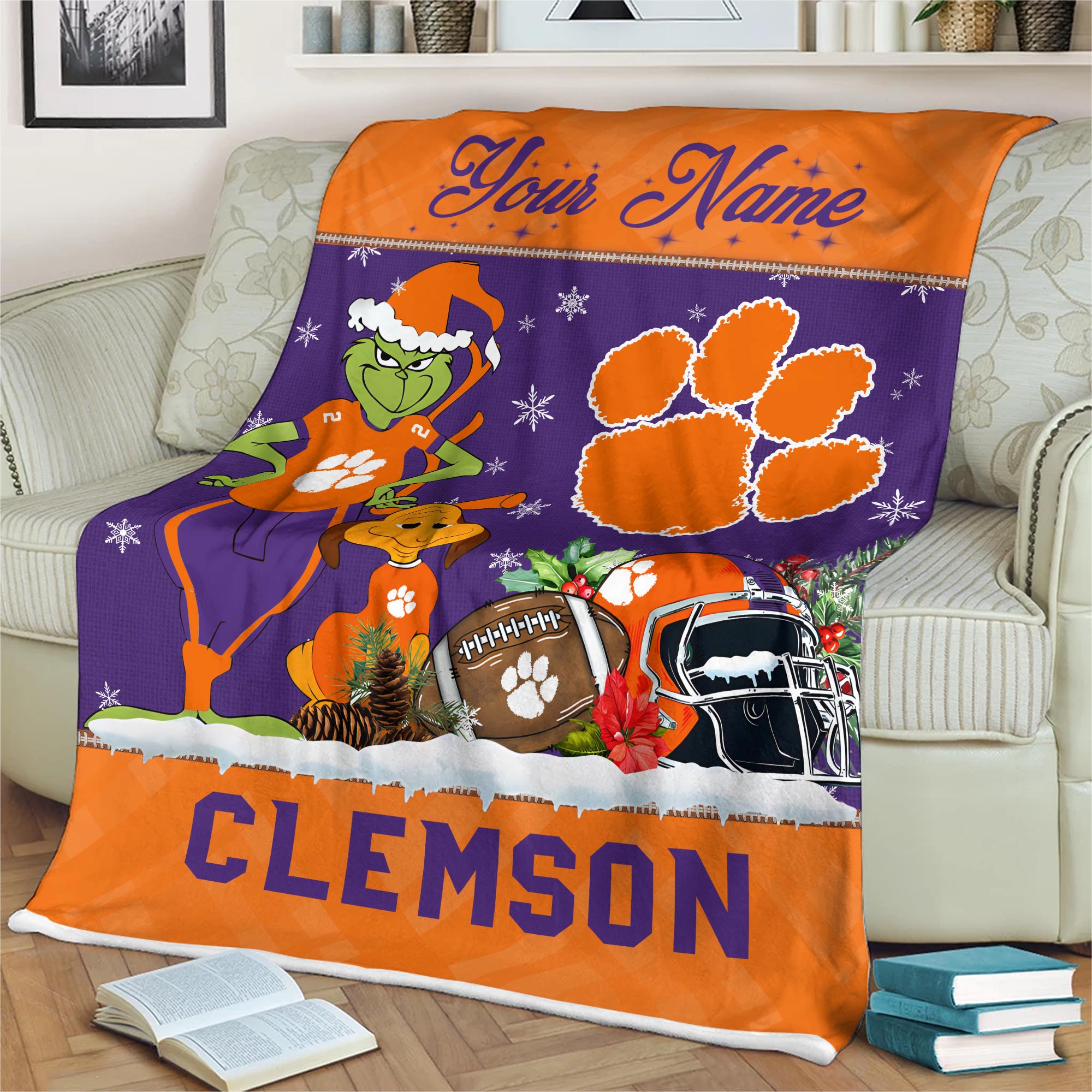 Sportswearmerch Clemson Tigers NCAA x Grinch Christmas Fleece Blanket For Fan
