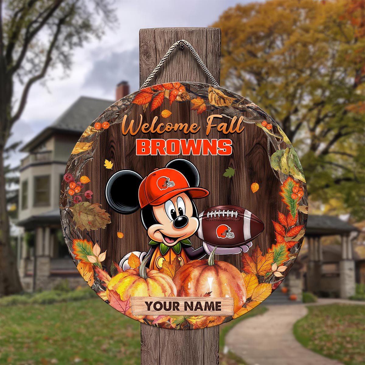 Sportswearmerch Cleveland Browns NFL x Mickey Round Wooden Sign For Fan
