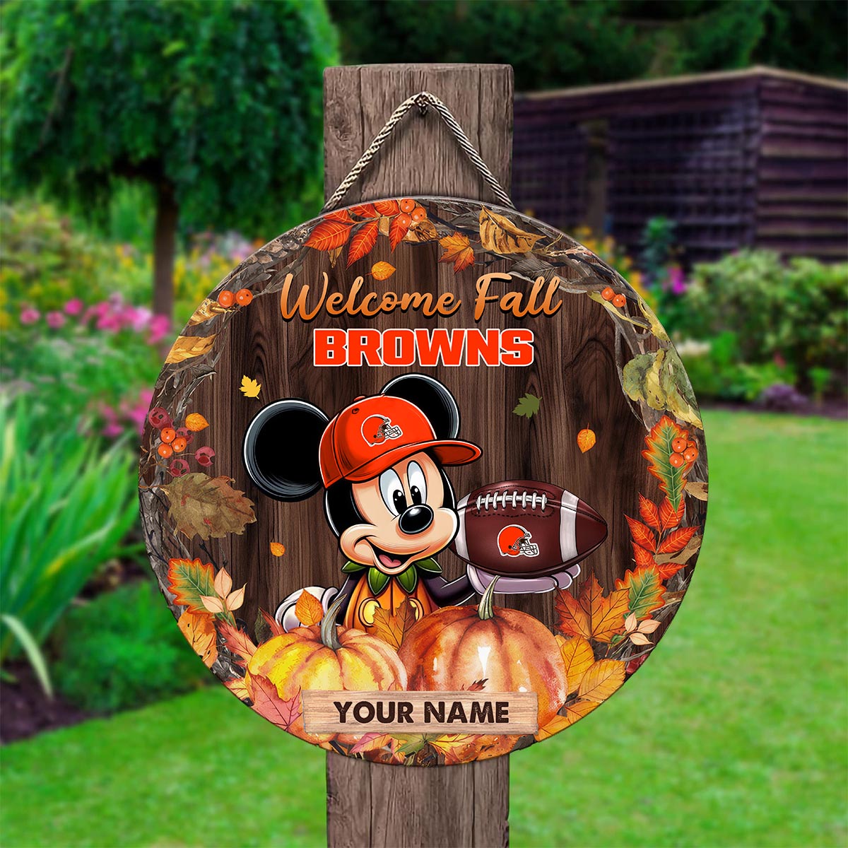 Sportswearmerch Cleveland Browns NFL x Mickey Round Wooden Sign For Fan