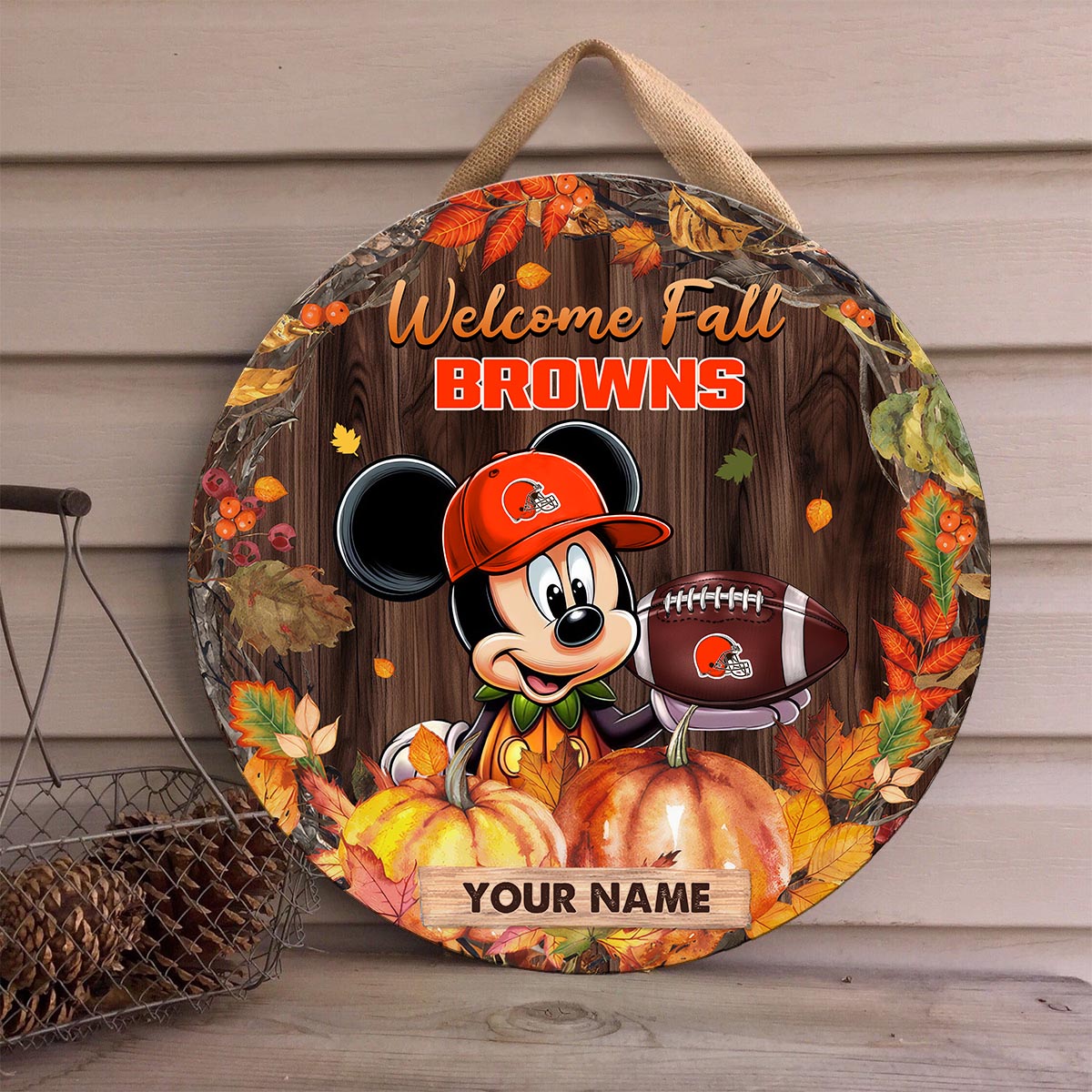 Sportswearmerch Cleveland Browns NFL x Mickey Round Wooden Sign For Fan