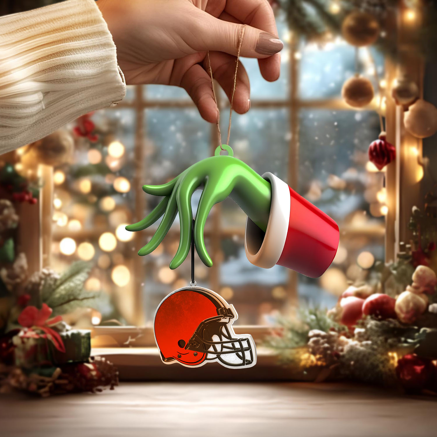 Sportswearmerch Cleveland Browns NFL x The Grinch Christmas Acrylic Mix Wooden Ornament Gift For Fans