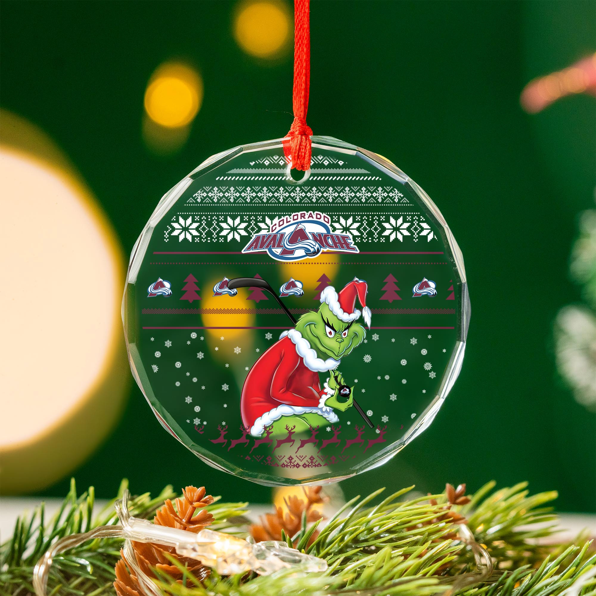 Sportswearmerch Colorado Avalanche NHL x Grinch Christmas Glass Ornament For Fans