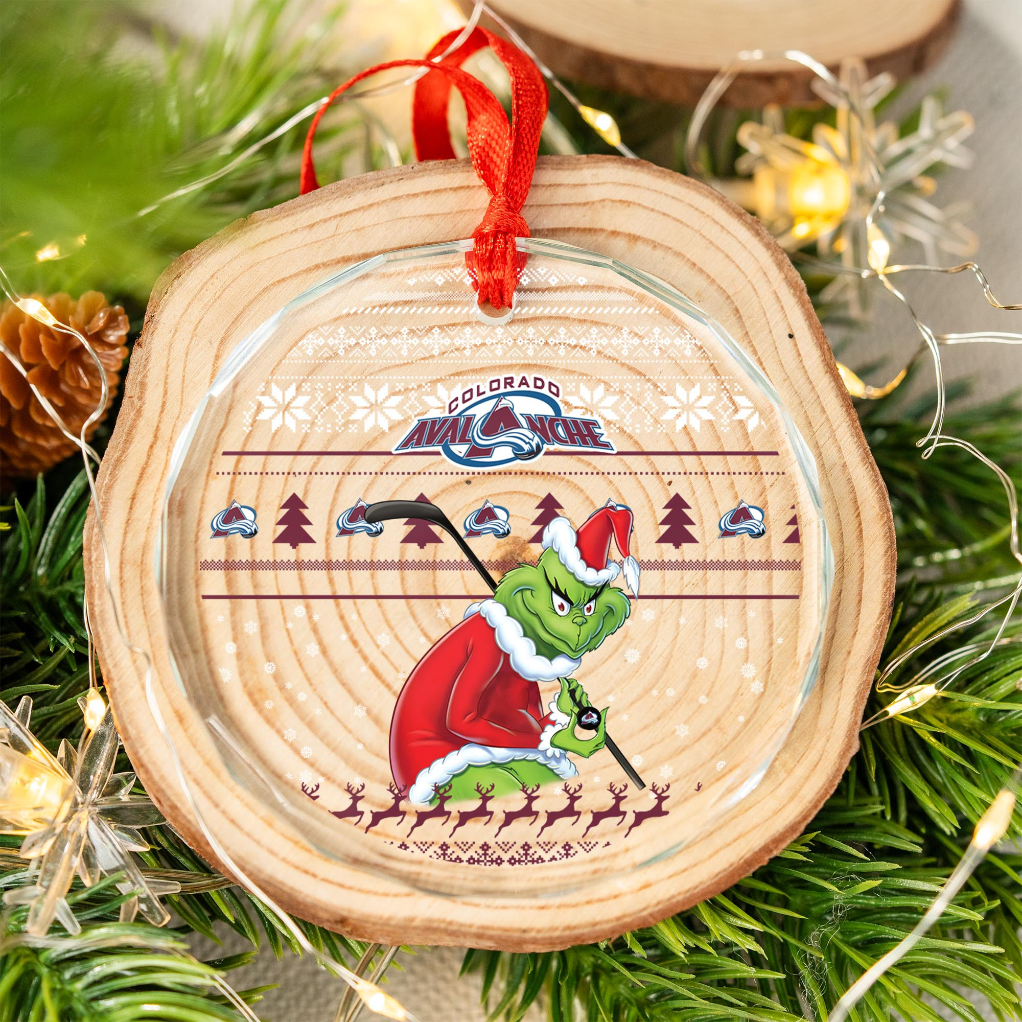 Sportswearmerch Colorado Avalanche NHL x Grinch Christmas Glass Ornament For Fans